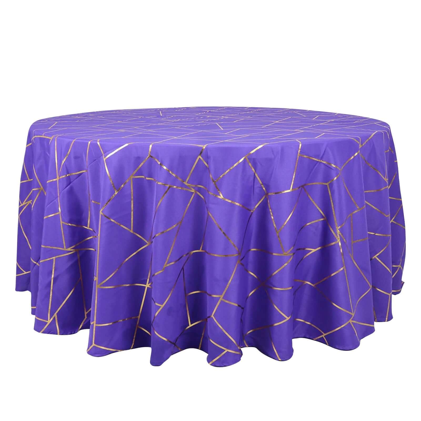 Hot! Wrinkle-Resistant Purple Polyester Round Tablecloth with Gold Foil Geometric Pattern, 120" Dia.