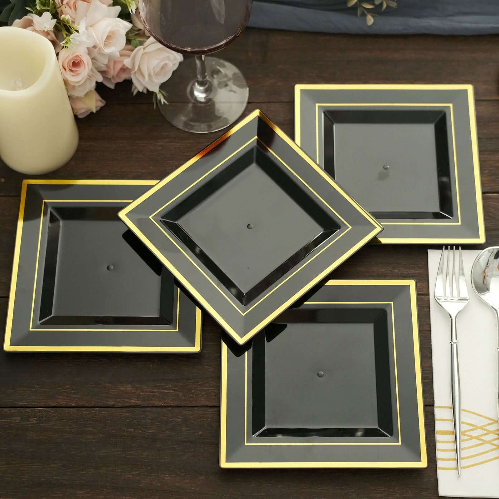 10-Piece Set of Durable Disposable Black Square Salad & Dessert Plates with Gold Trim, 7 Inches