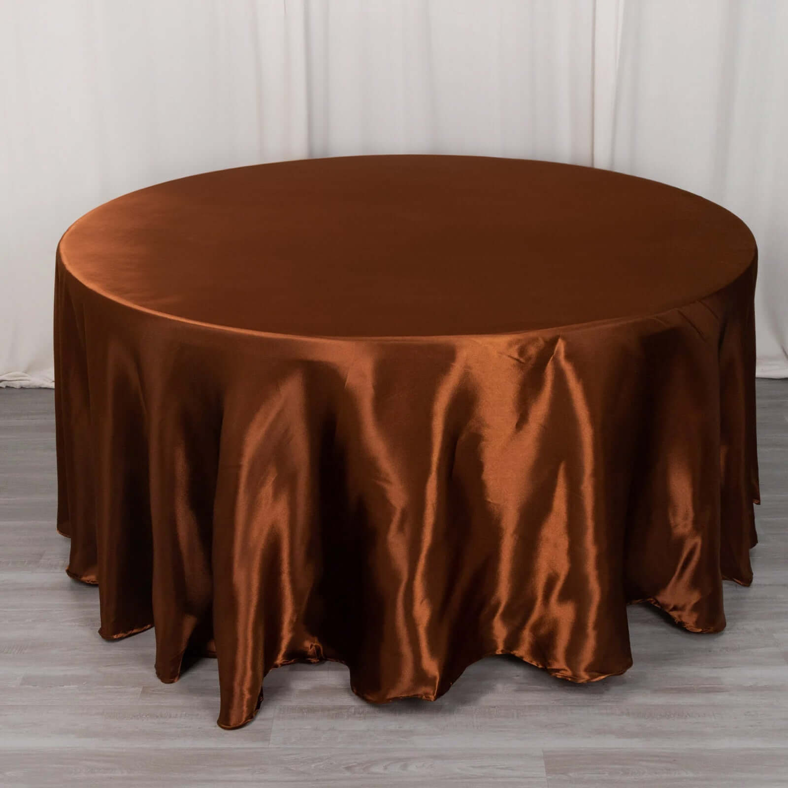 Stylish Satin 120-Inch Round Tablecloth in Cinnamon Brown - Seamless Table Cover for Special Occasions
