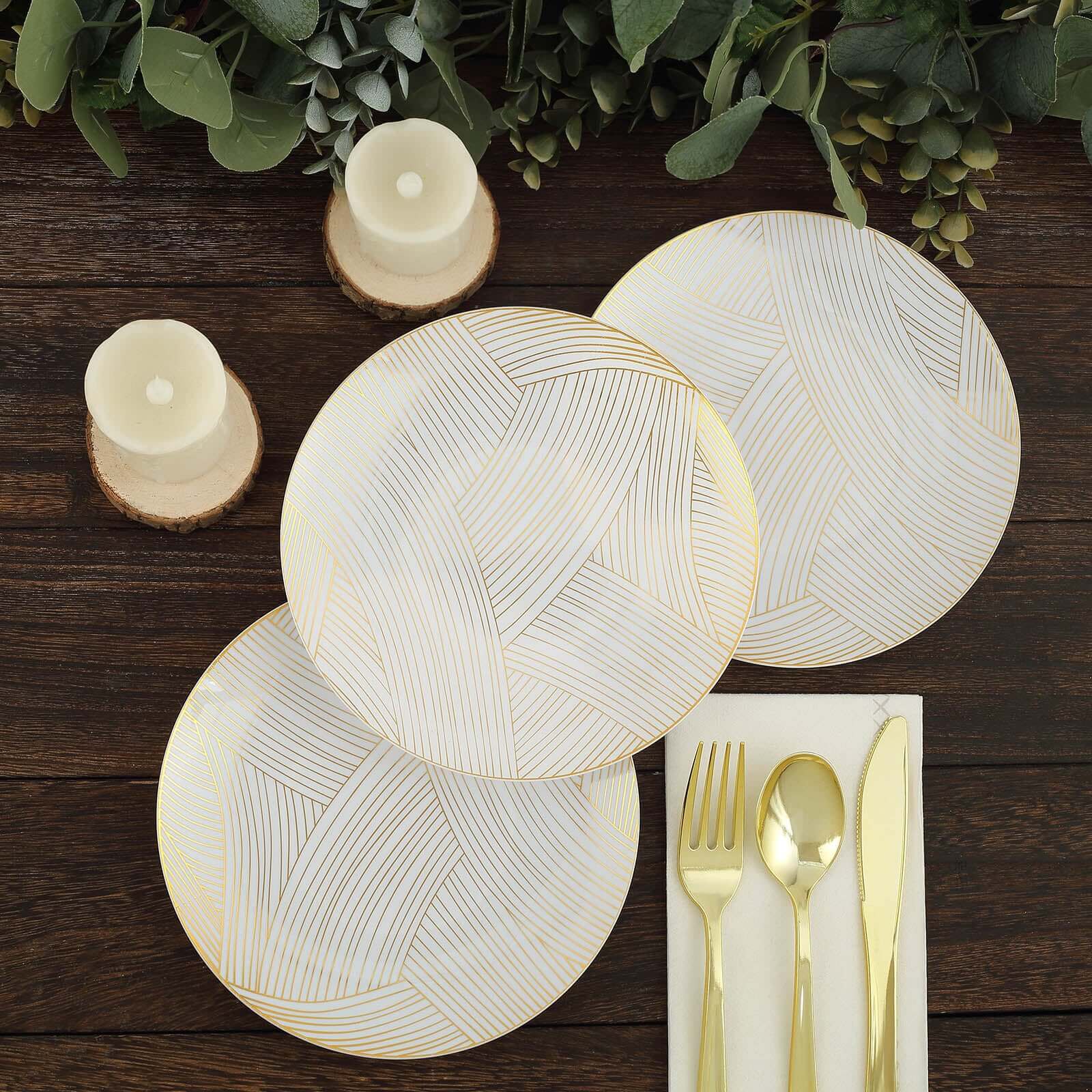 10-Pack Disposable White Plastic Round Dessert Plates with Gold Wave Pattern