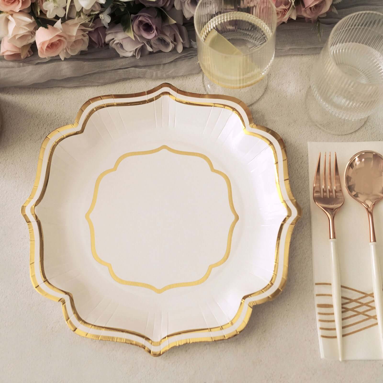25-Piece Set of White Paper Dinner Plates with Gold Scalloped Edges - 300GSM Disposable Plates for Elegant Parties 10