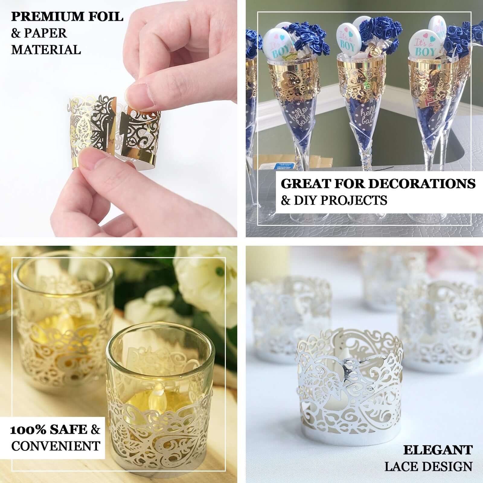 20-Pack Gold Foil Floral Lace Design Paper Wraps for Votive Tealight Candles