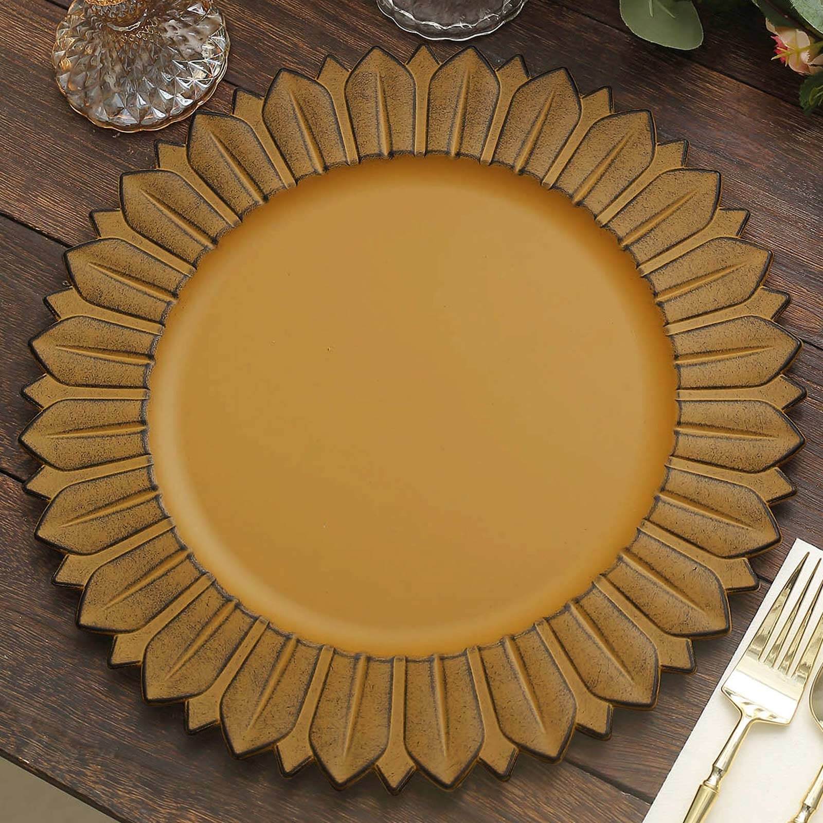6-Piece Set of 13-Inch Matte Mustard Yellow Plastic Round Charger Plates with Sunflower Rim