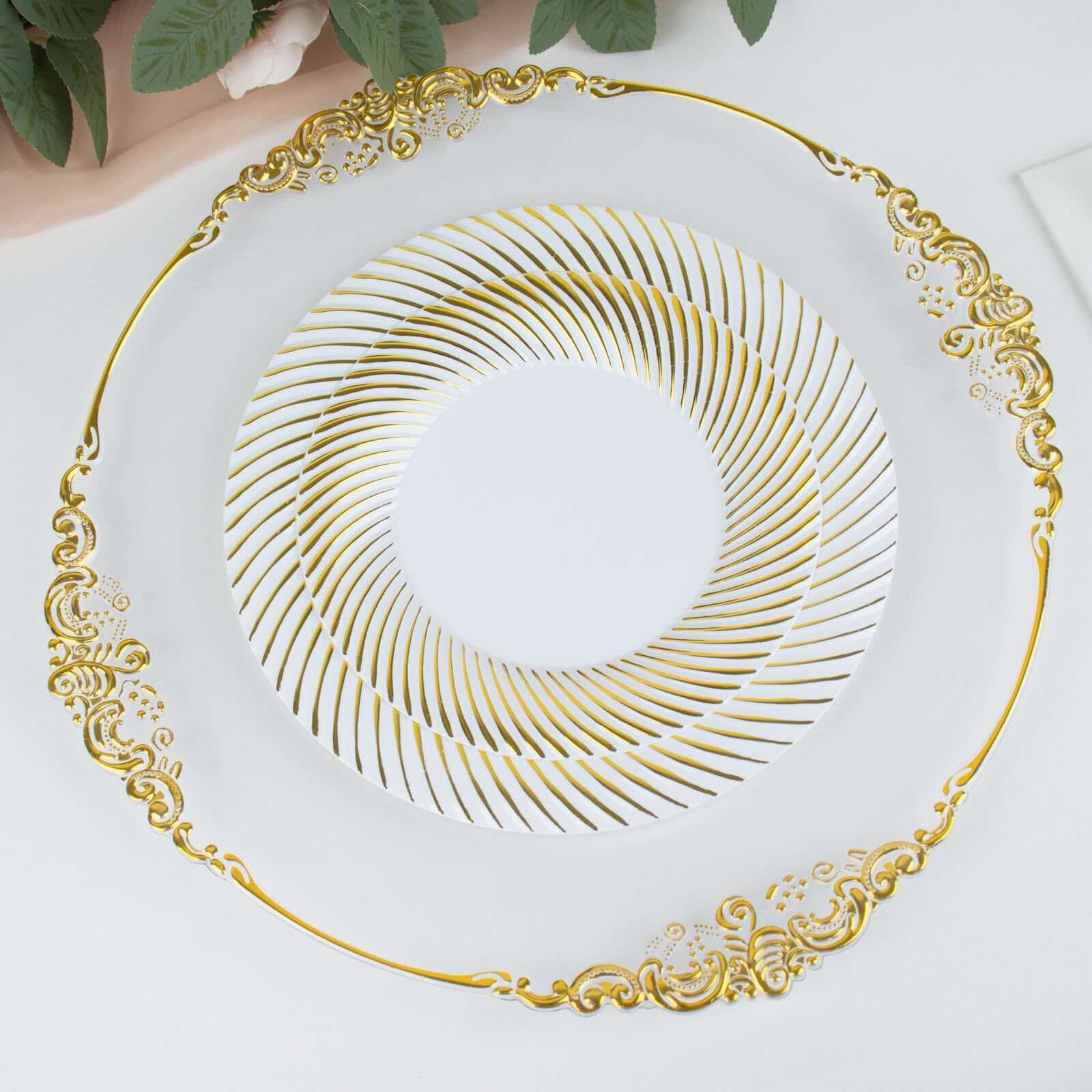 10-Pack Disposable White Plastic Round Dessert Plates with Gold Swirl Rim for Elegant Events