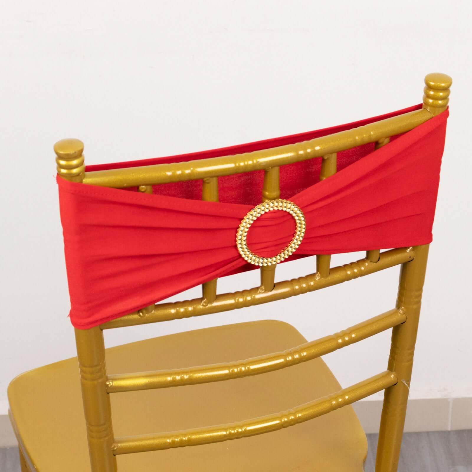 Set of 5 Reusable Red Spandex Chair Sashes with Gold Rhinestone Plastic Buckles, 5x14