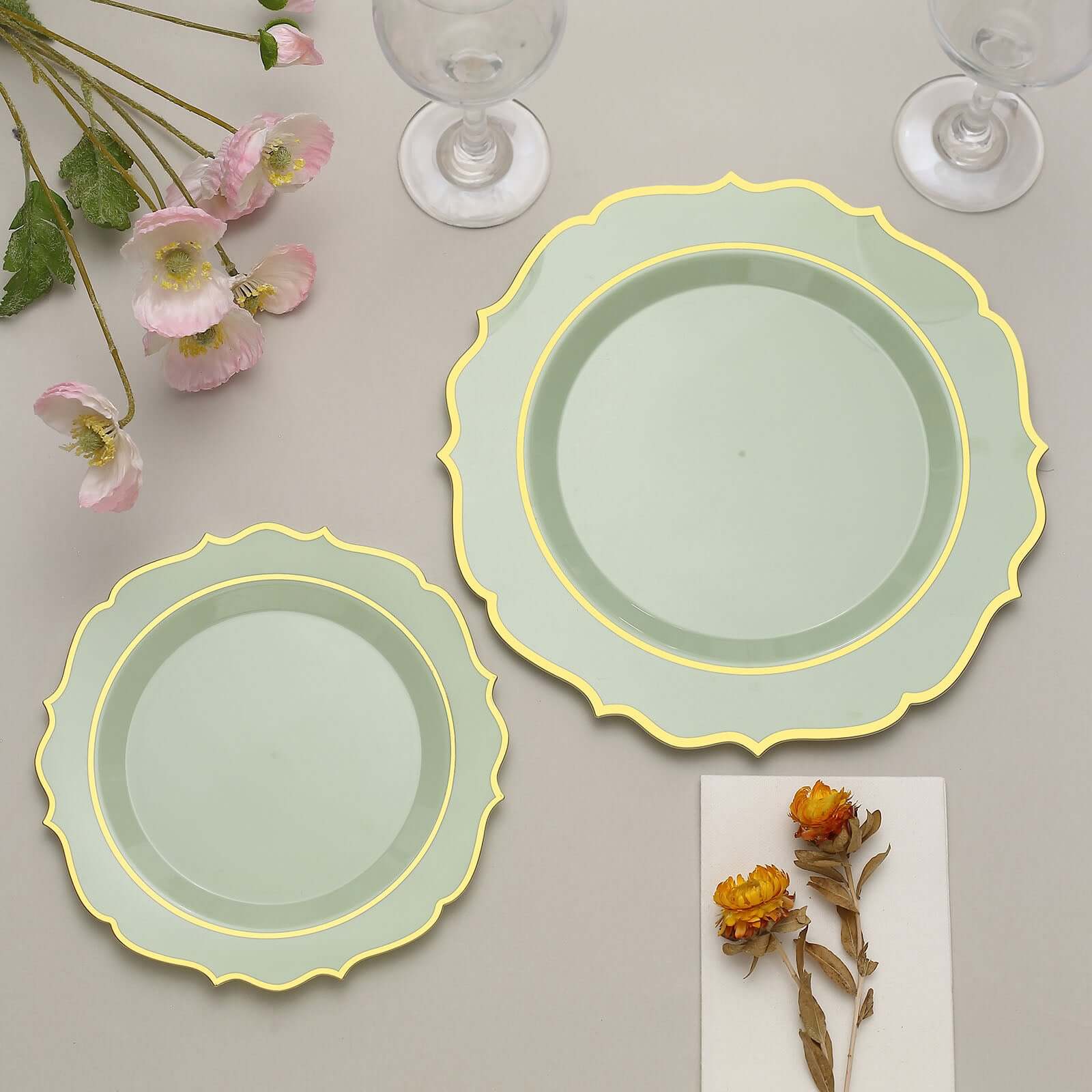 Hot Deal! 10-Pack Disposable Plastic Round Salad Plates in Sage Green with Gold Scalloped Rim, 8-Inch