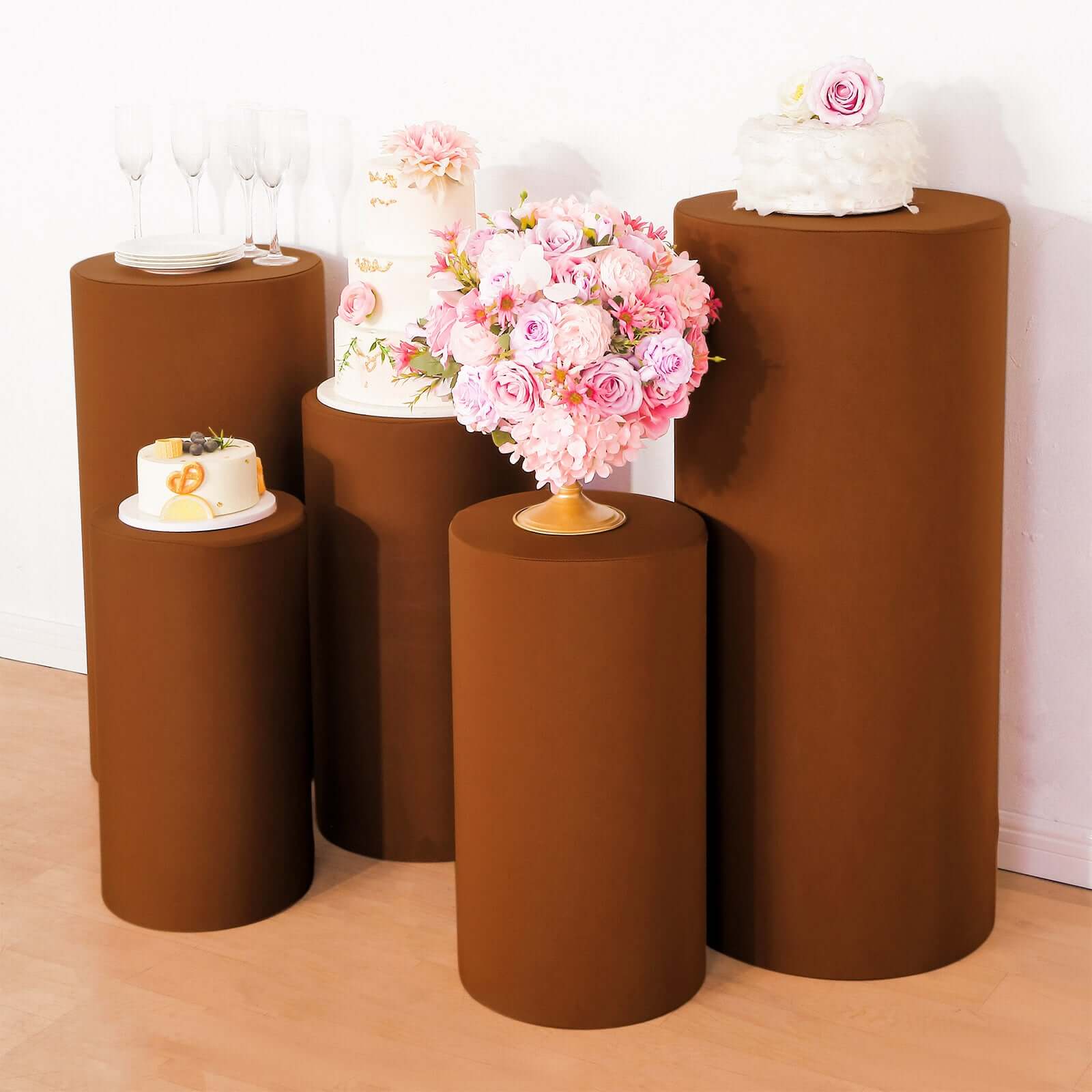 5-Piece Set of Cinnamon Brown Stretchable Spandex Pedestal Stand Covers - 160 GSM