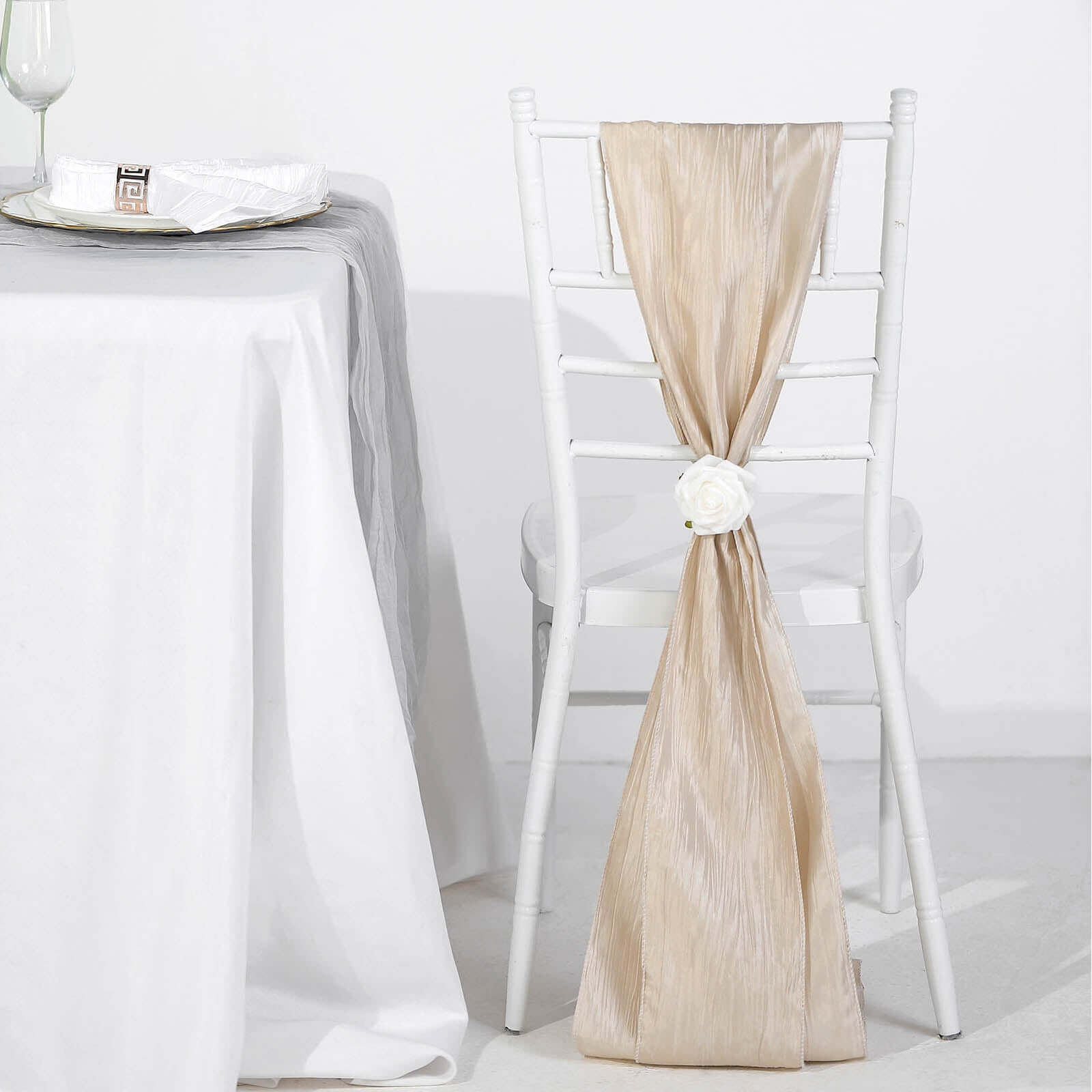 5-Piece Set of Beige Accordion Crinkle Taffeta Chair Sashes (6x106) - Ideal for Weddings and Gatherings