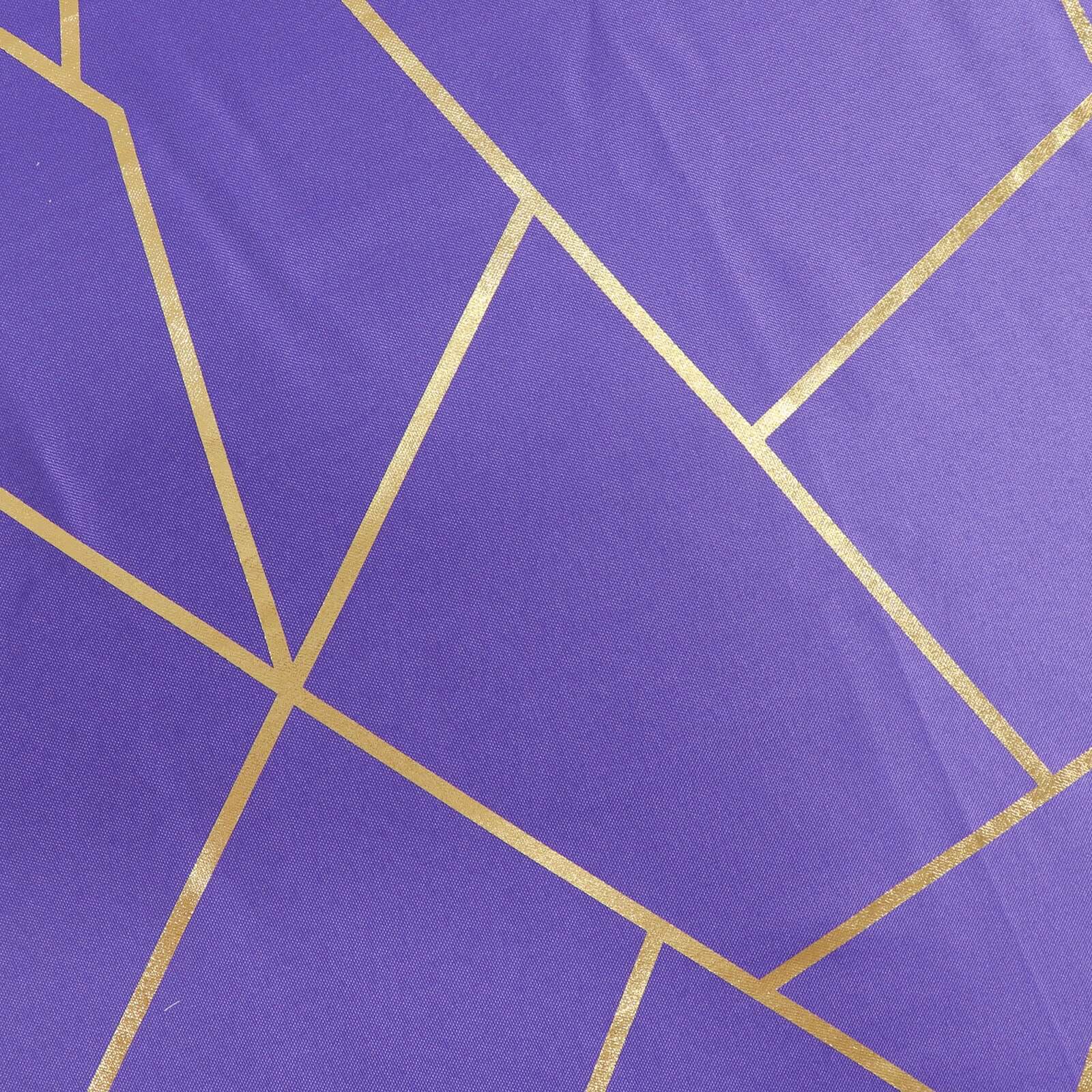 Hot! Wrinkle-Resistant Purple Polyester Round Tablecloth with Gold Foil Geometric Pattern, 120" Dia.