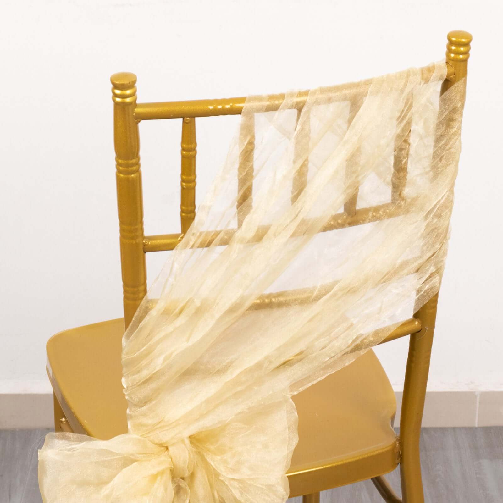 5-Pack Champagne Crinkled Organza Chair Sashes with Shimmer Chiffon Layers - Elegant Sheer Decor
