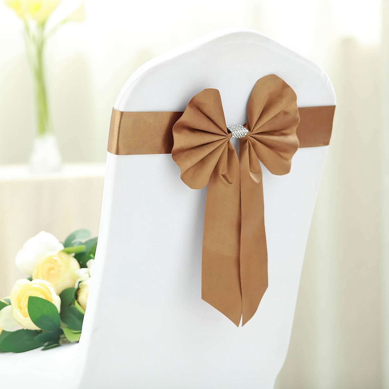 5-Pack Gold Satin Faux Leather Chair Sashes with Rhinestone Buckles - Ideal Party Decor