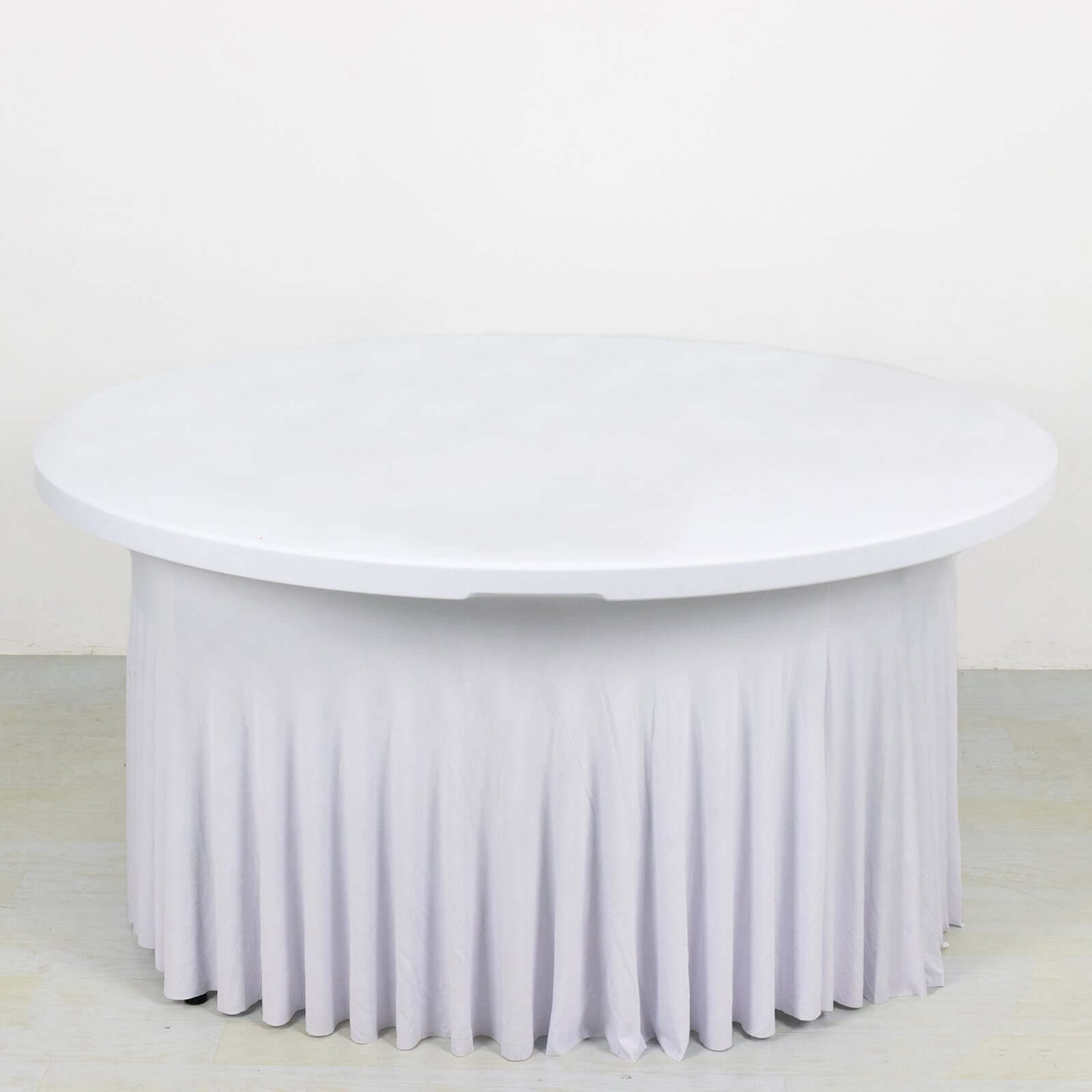Hot! 6ft White Spandex Round Table Skirt with Wavy Effect for Weddings & Events