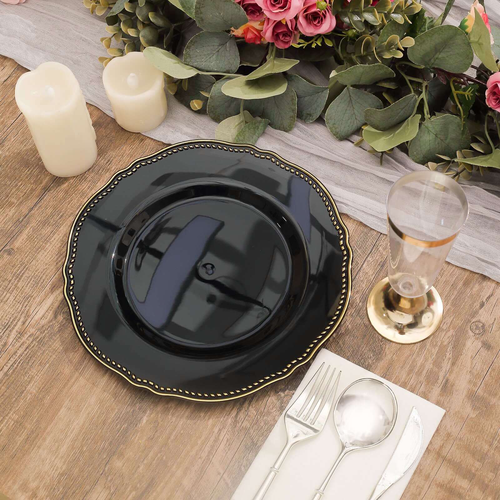 10-Piece Set of Disposable Black Plastic Dinner Plates with Gold Scalloped Rim, 9 Inches for Upscale Events