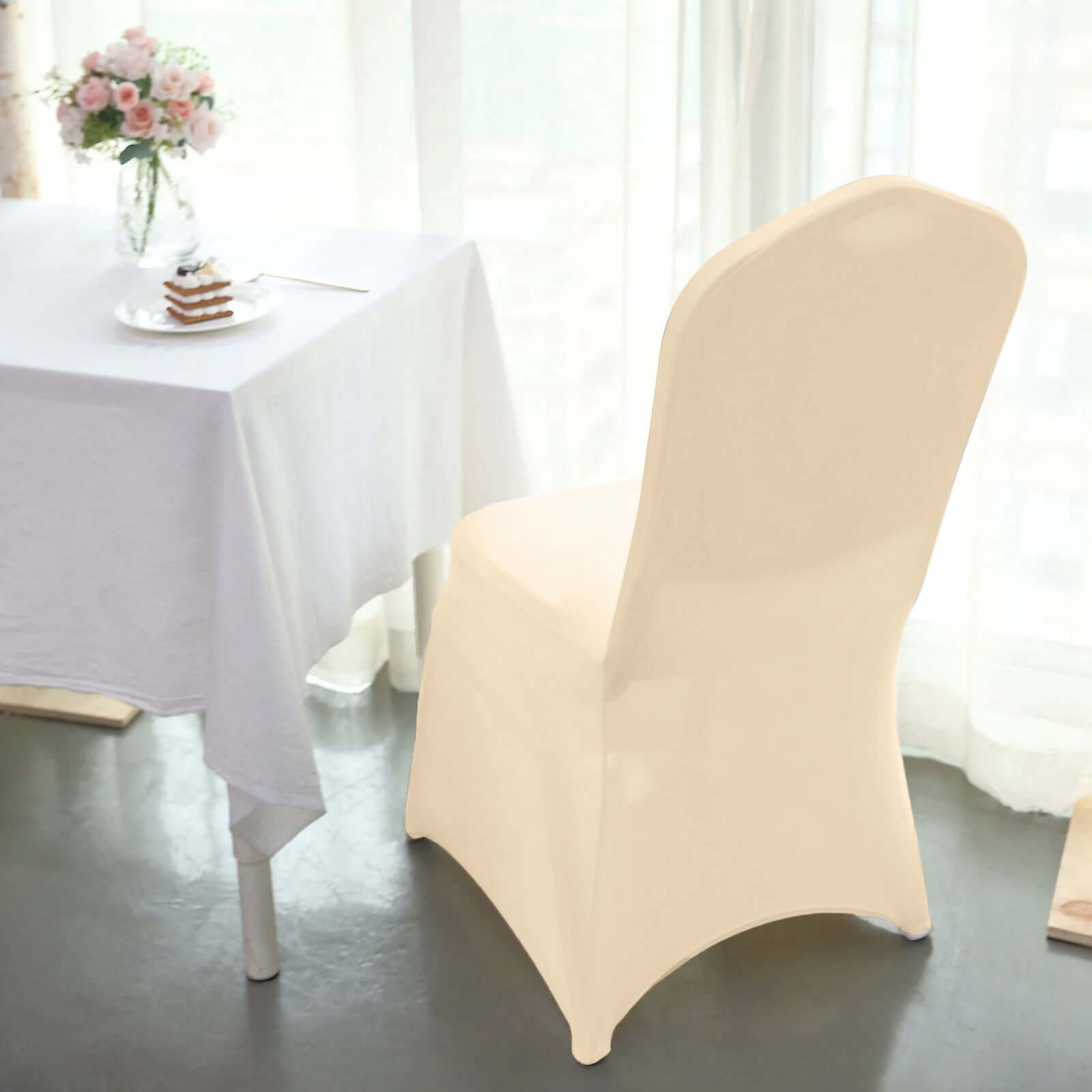 Beige Stretch Spandex Chair Cover for Banquet Chairs - 160GSM Premium Fabric