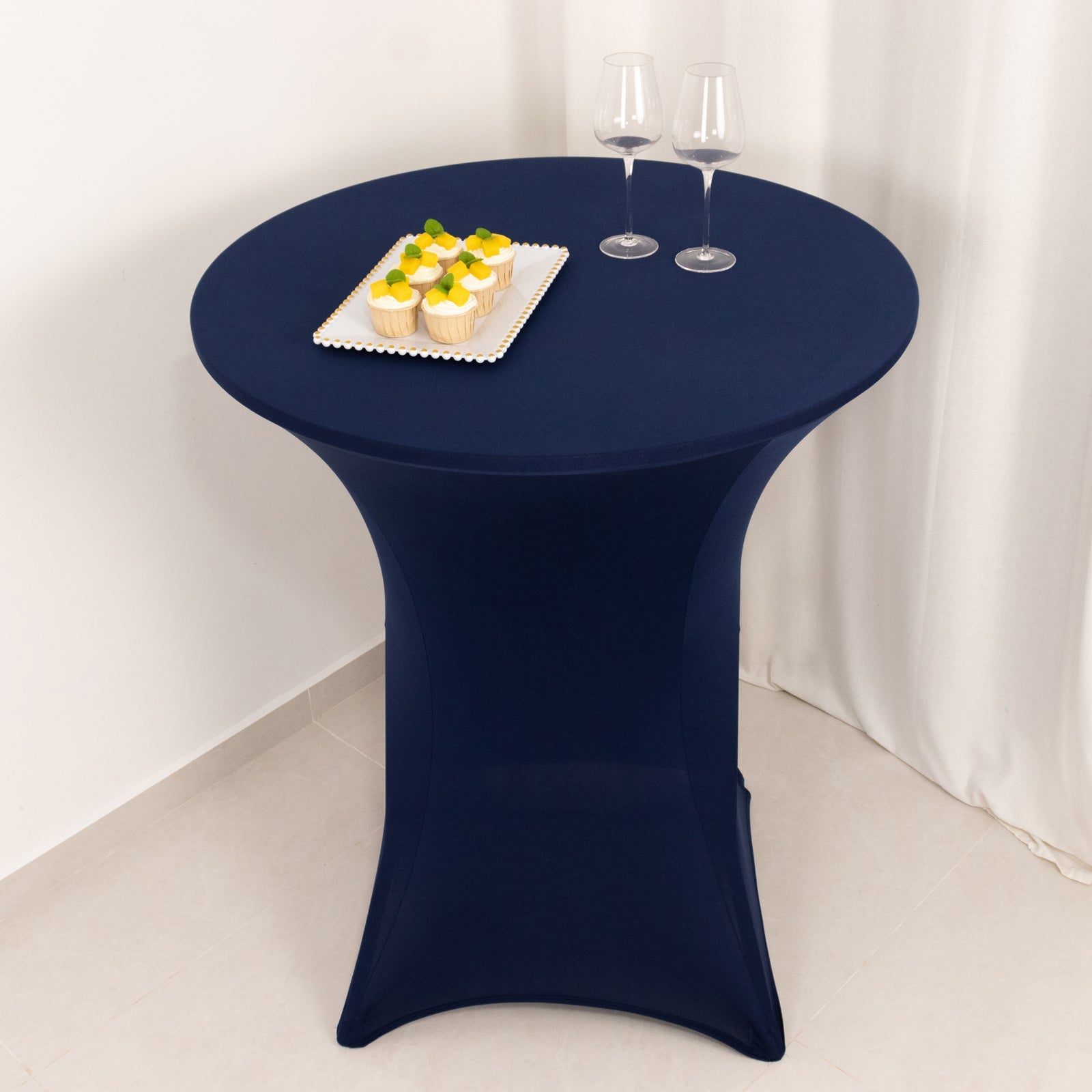 Navy Blue Spandex Stretch Fitted Cocktail Table Cover - Easy to Maintain, 33-36 Round
