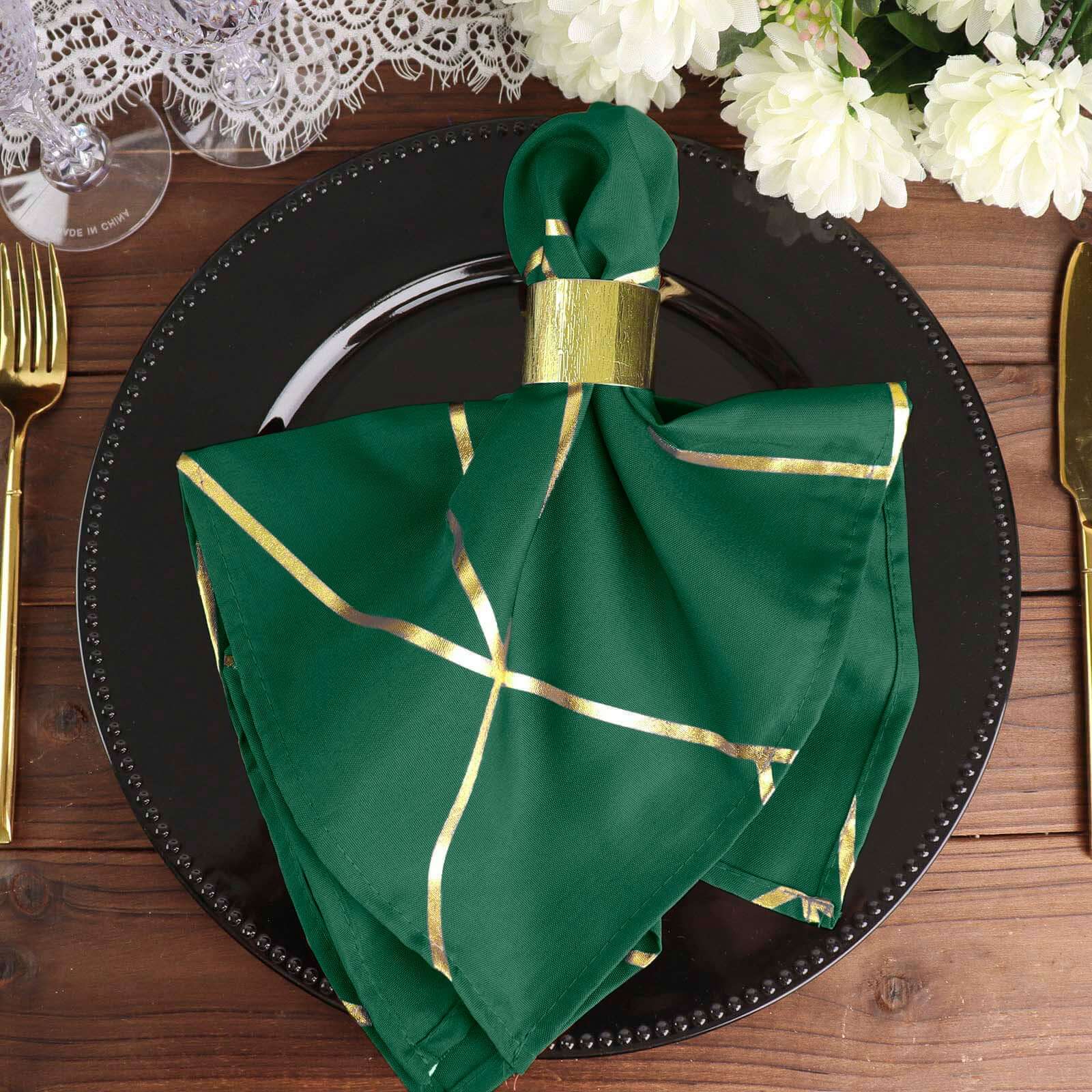 Set of 5 Reusable 20x20 Polyester Dinner Napkins in Hunter Emerald Green with Gold Geometric Foil Design