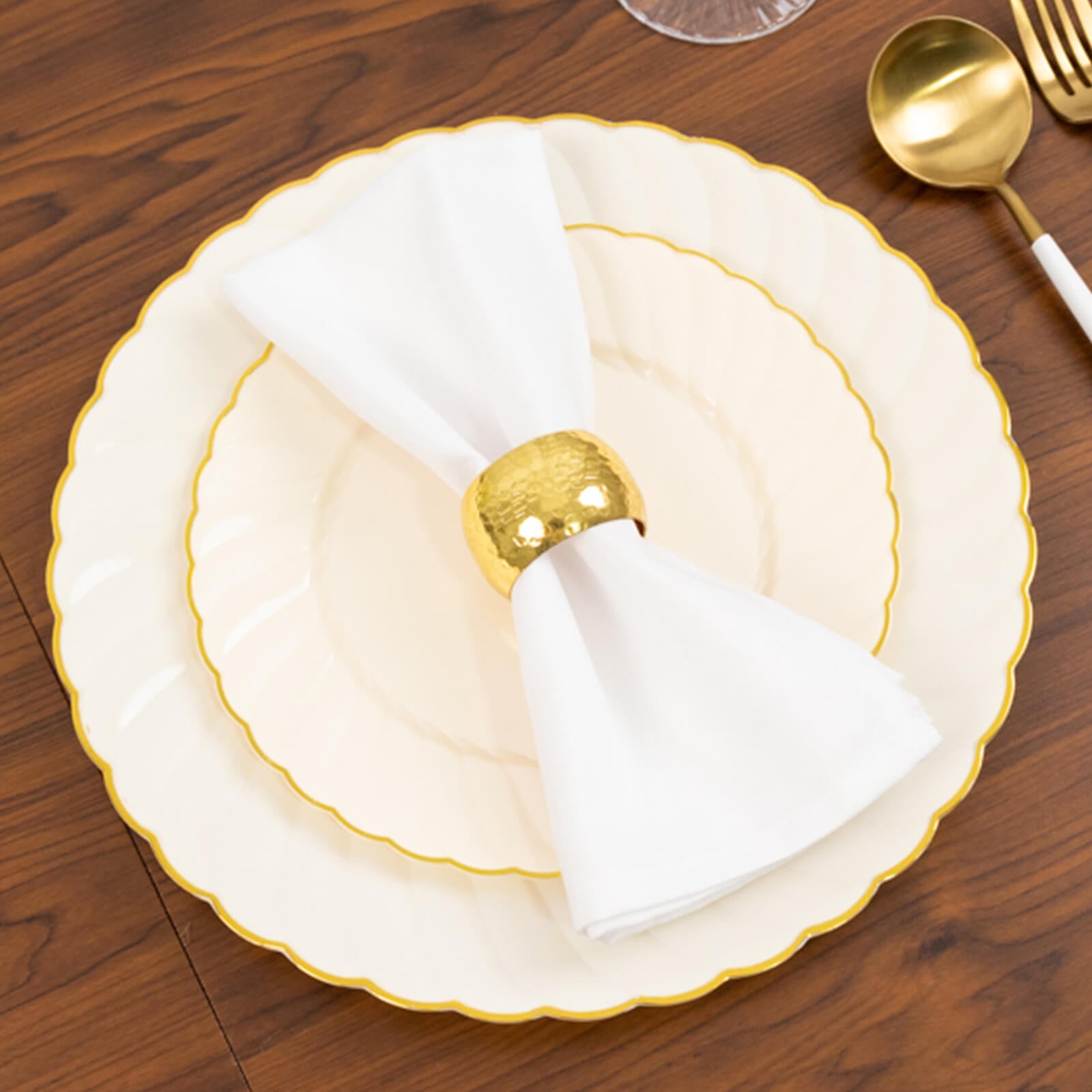 10-Pack Disposable Ivory Plastic Salad Dessert Plates with Gold Flair Rim - Great for Parties