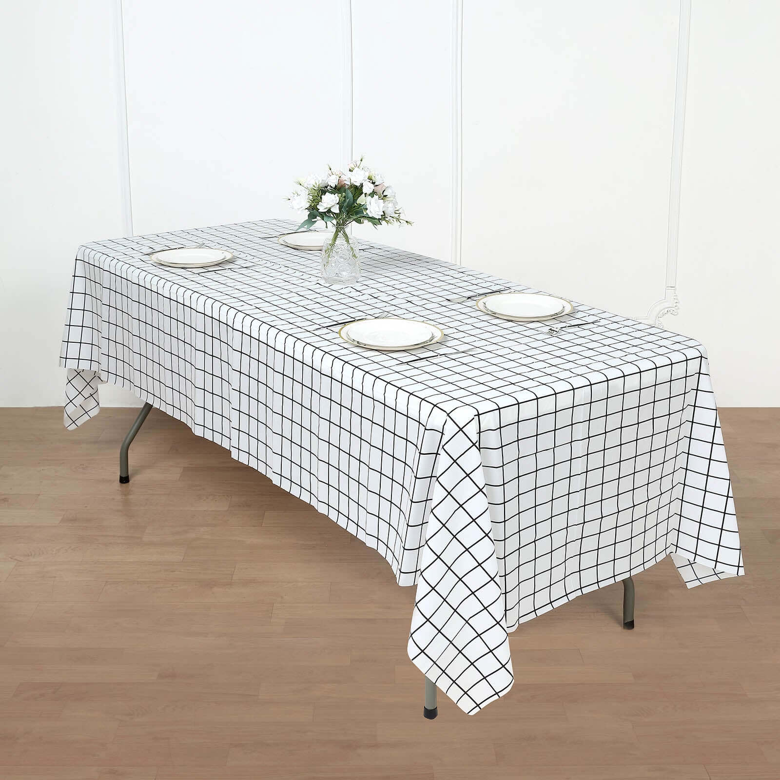 5-Pack Durable Black/White Grid PVC Disposable Plastic Table Covers 54x108 - Perfect for Events