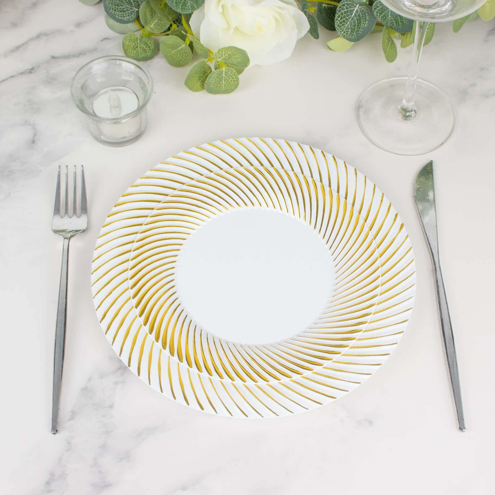 10-Pack Disposable White Dinner Plates with Gold Swirl Rim - Ideal for Parties