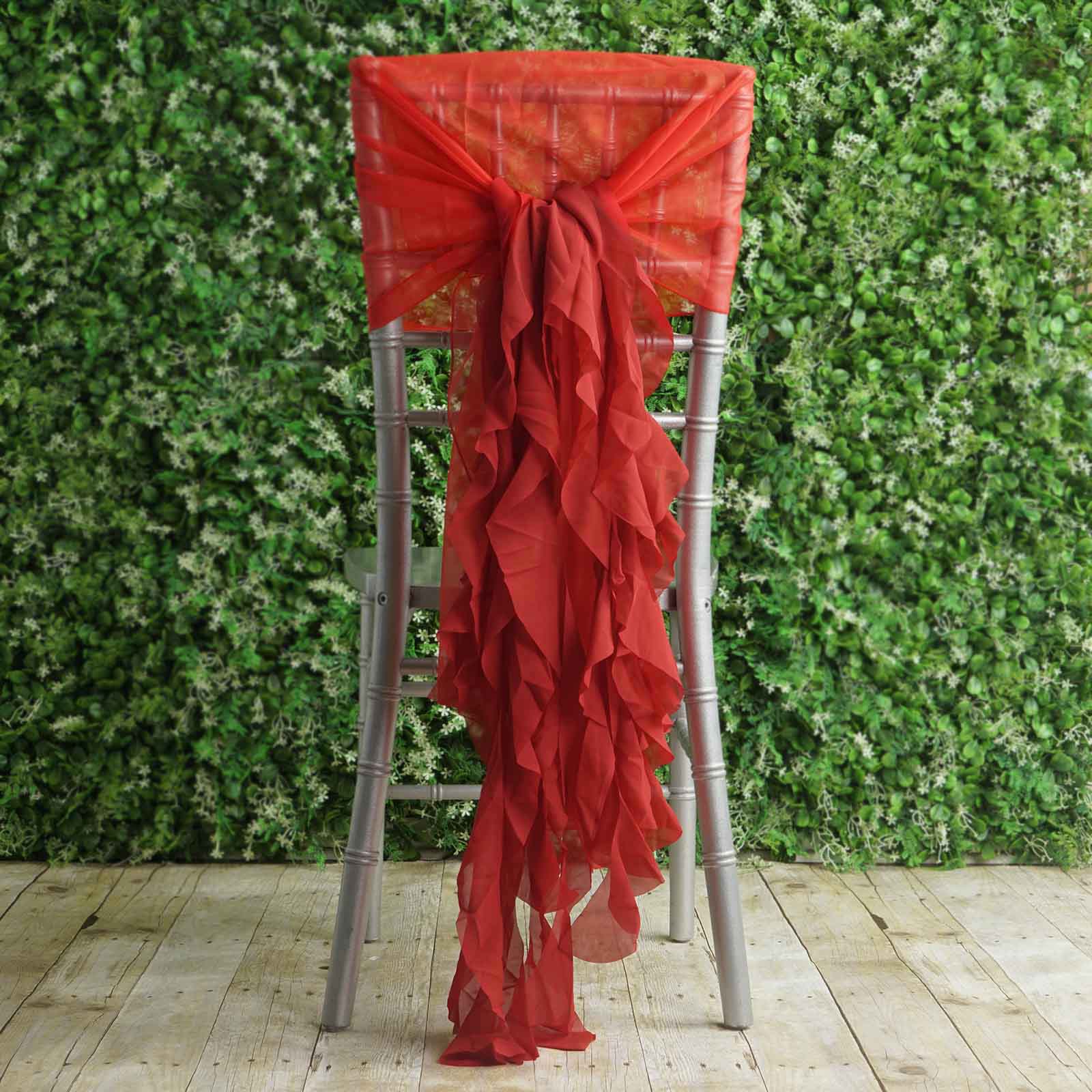 Hot Sale! 1 Set Red Chiffon Chair Sashes with Willow Ruffles Design - Stylish Wedding Chair Decor
