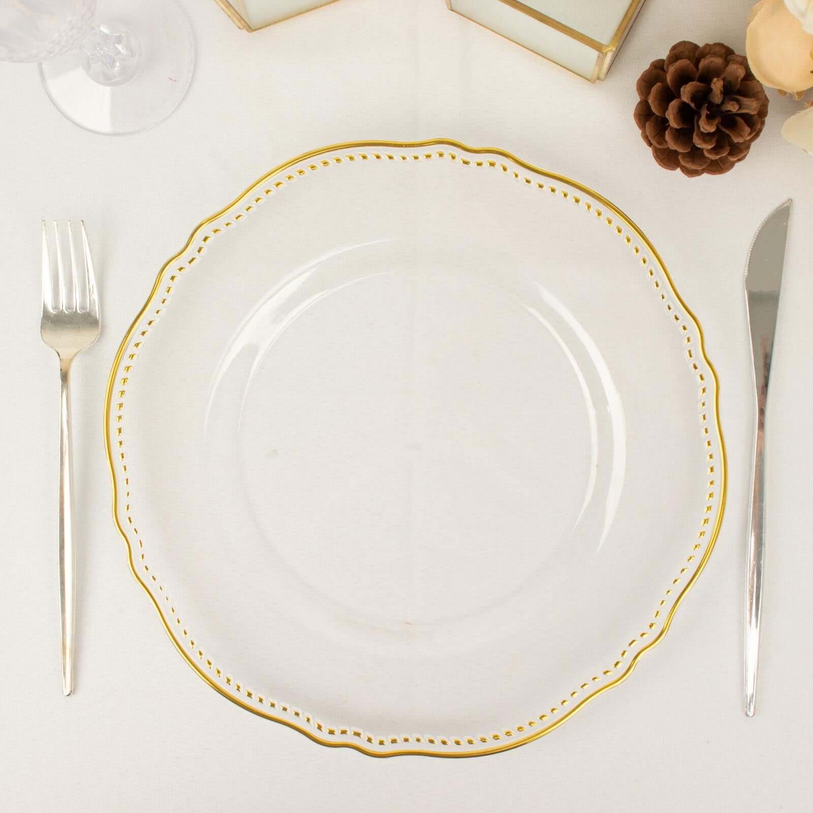 10-Pack Disposable Clear Plastic Dinner Plates with Gold Scalloped Rim - Ideal for Parties