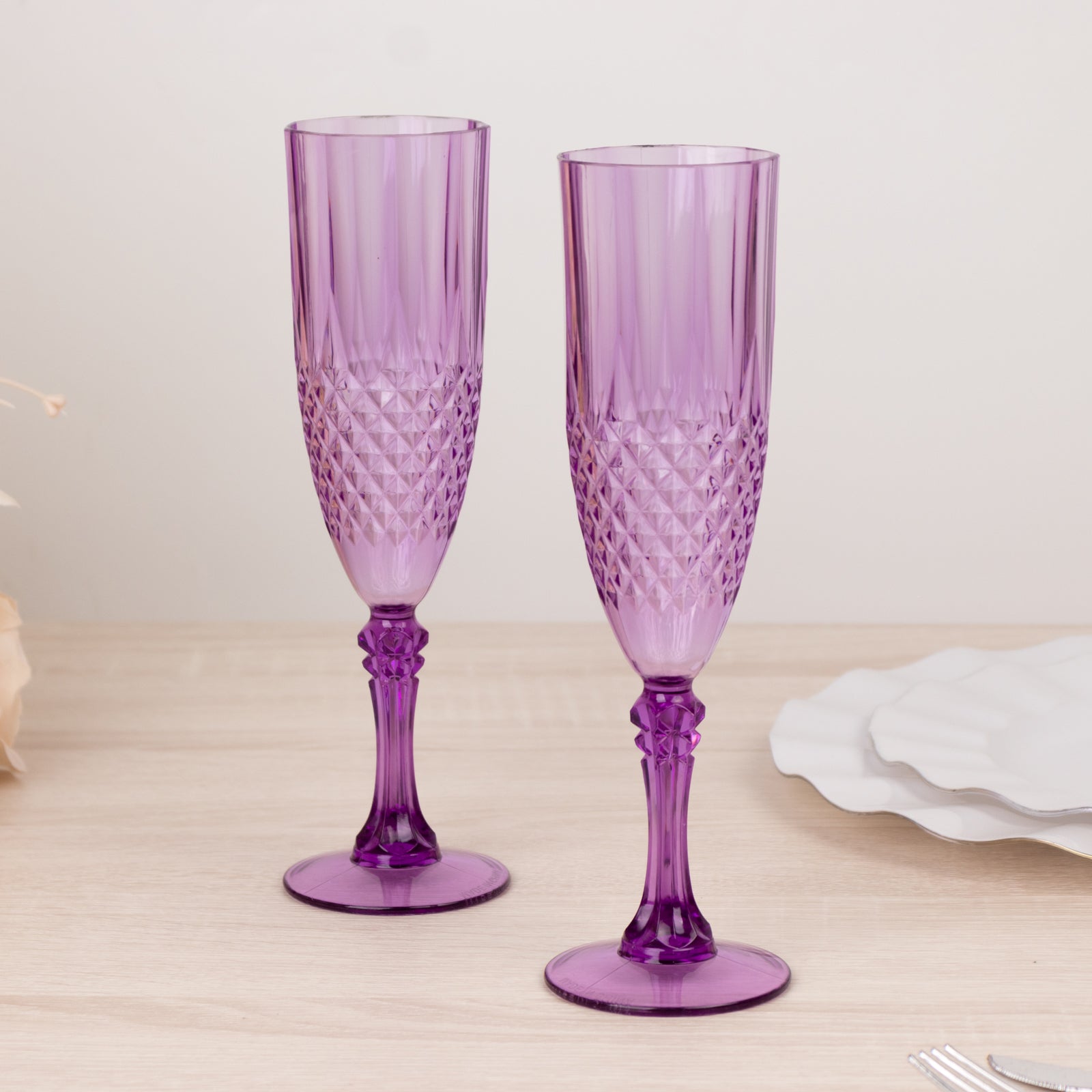 8oz Reusable Purple Transparent Crystal Cut Style 6-Pack Plastic Wedding Toast Flutes