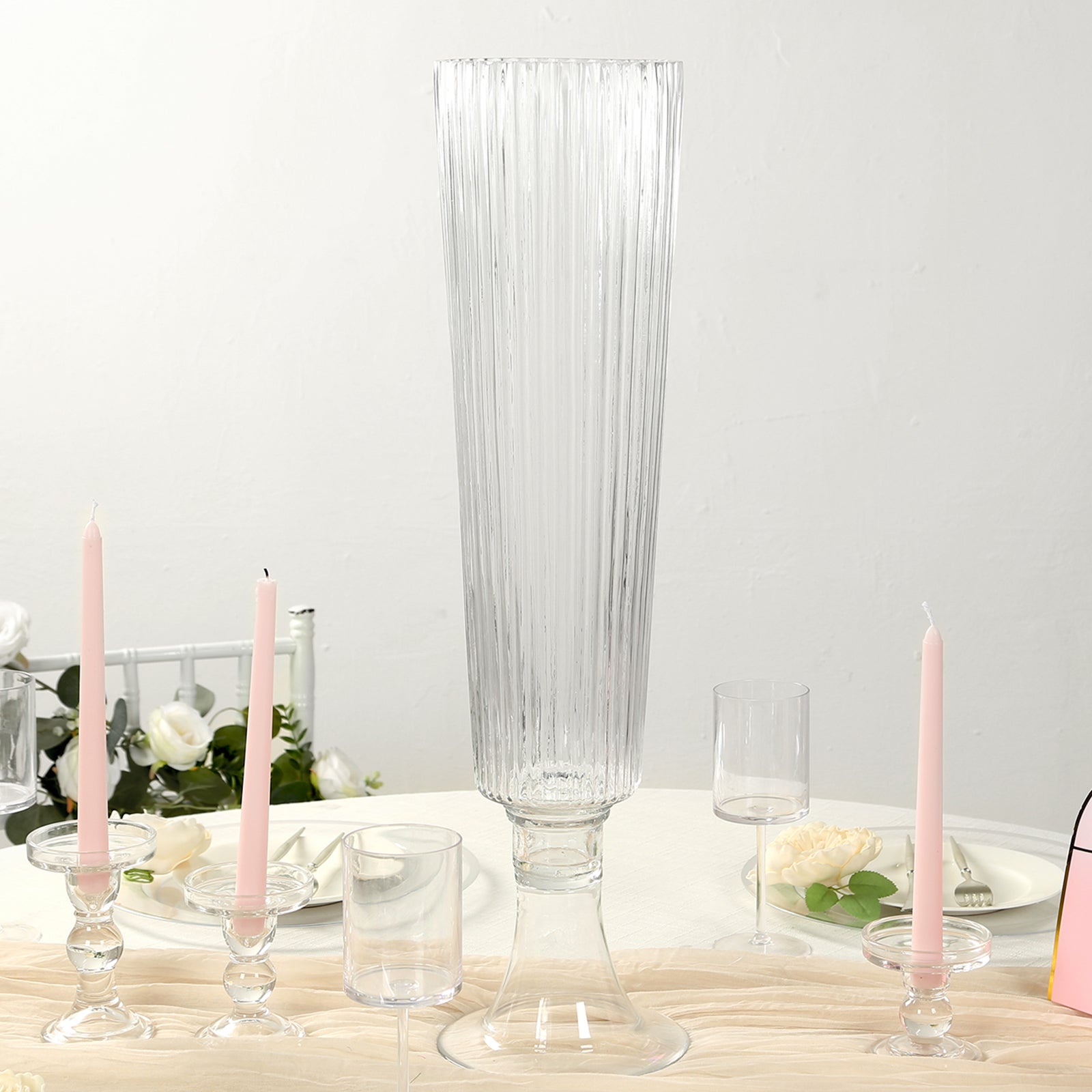 4-Pack Clear Glass Trumpet Vases with Ribbed Design - Durable 26-Inch Event Centerpieces