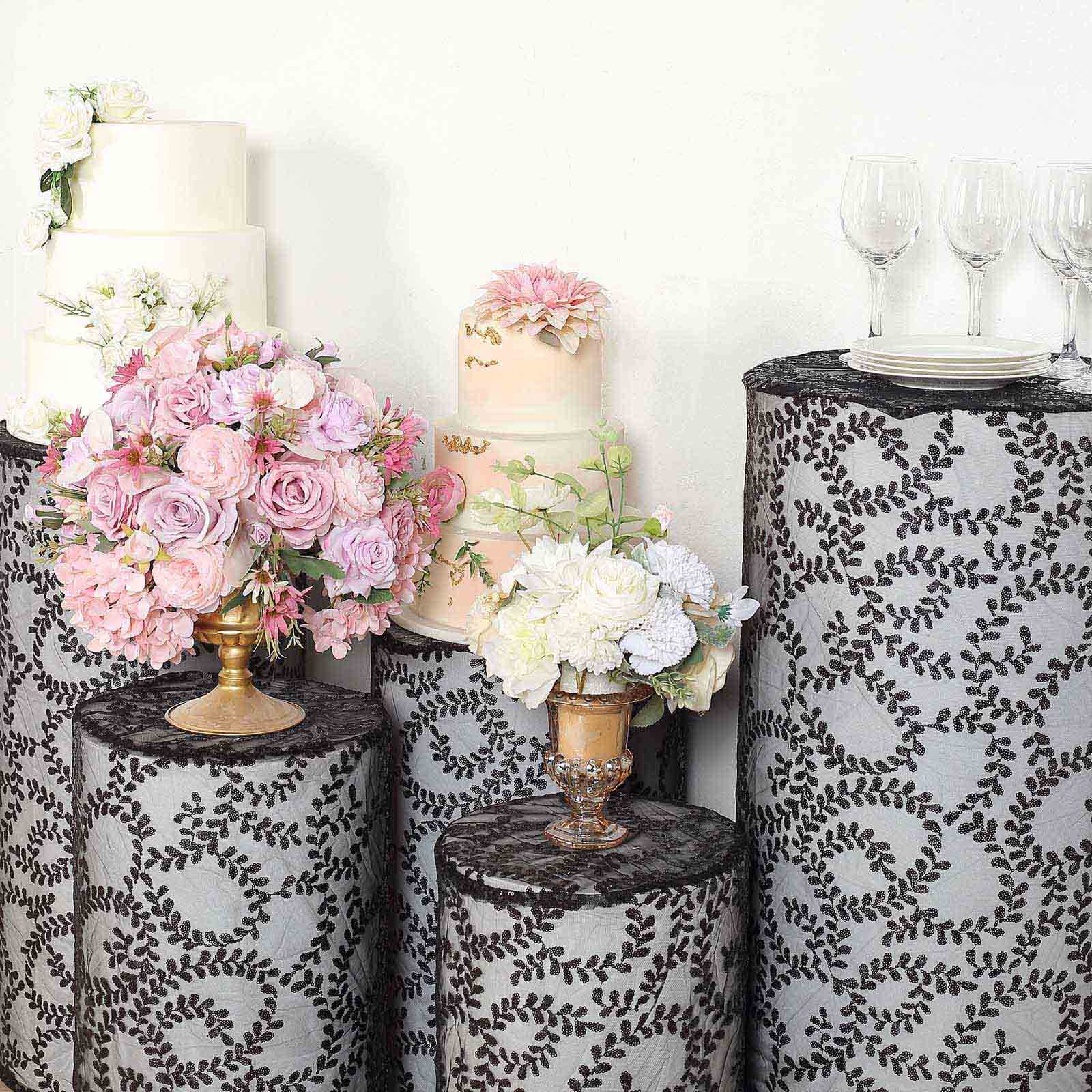 Set of 5 Sparkling Black Sequin Mesh Cylinder Pedestal Covers with Leaf Vine Design