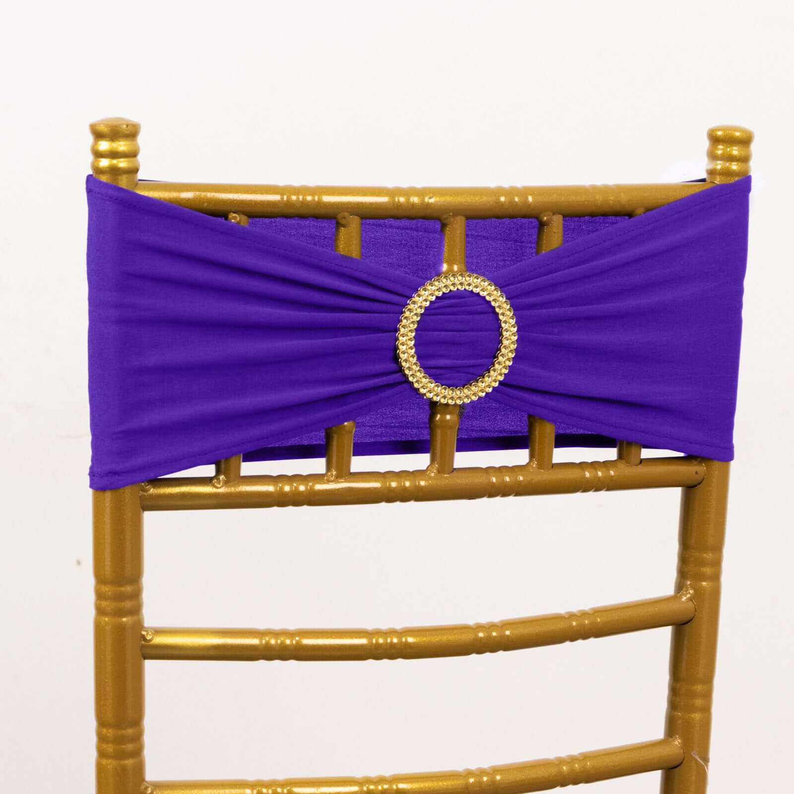 5-Pack Purple Spandex Chair Sashes with Gold Rhinestone Buckles - Reusable Four-Way Stretch Decor