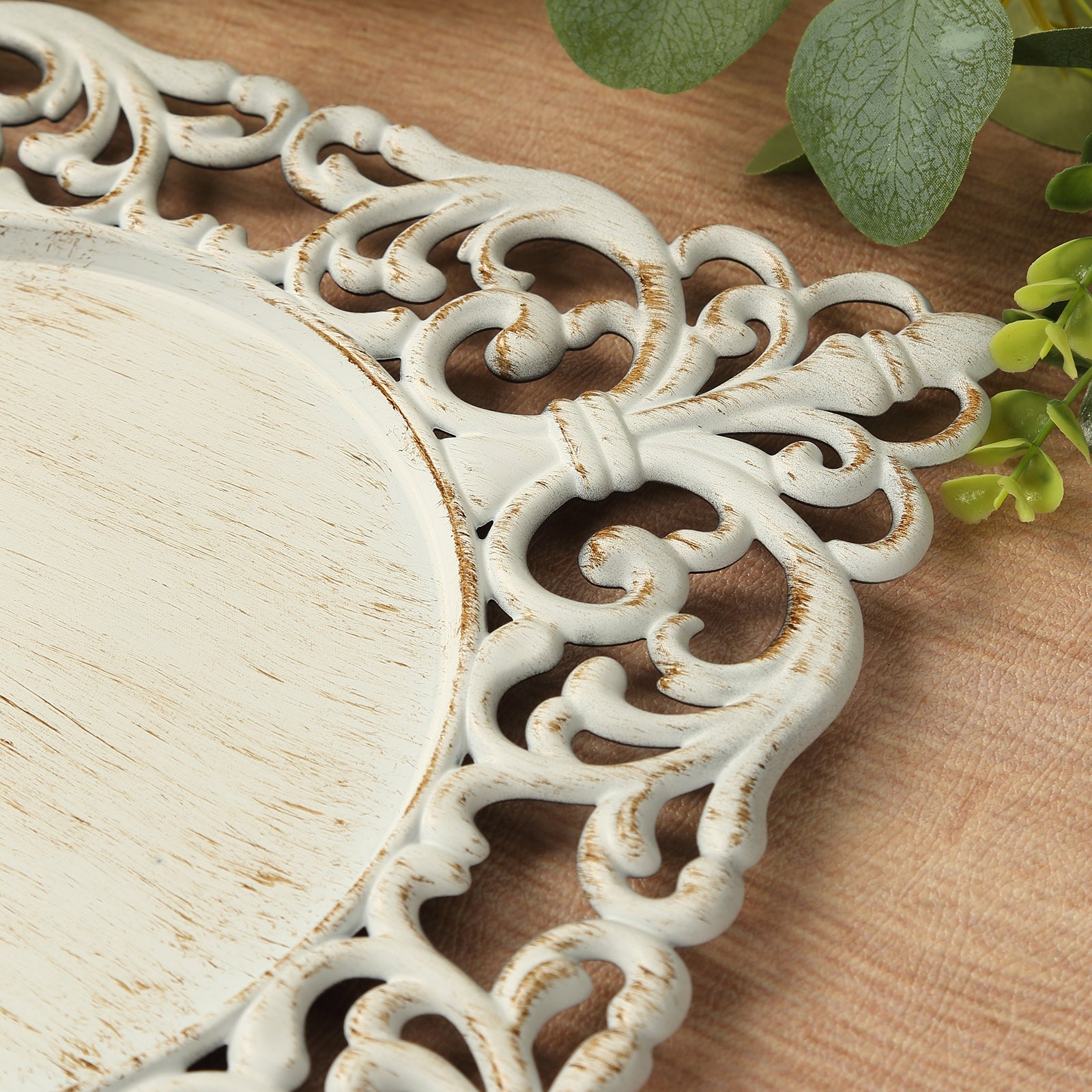 6-Piece Set of Whitewashed Acrylic Square Charger Plates with Hollow Lace Border, 12 Inches, Ideal for Events