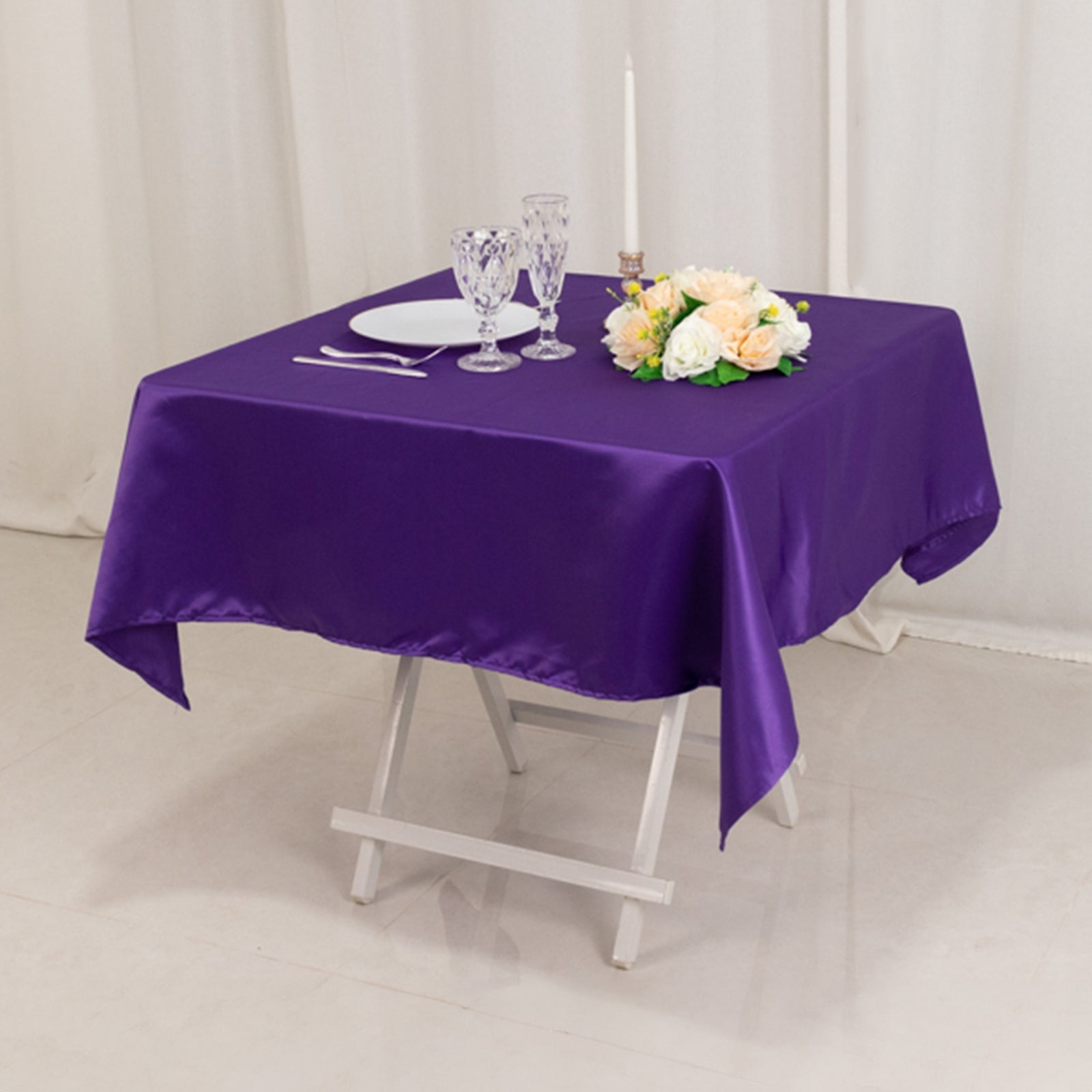Premium Purple Lamour Satin 54x54 Square Table Overlay - Durable & Silk-Like Table Cover
