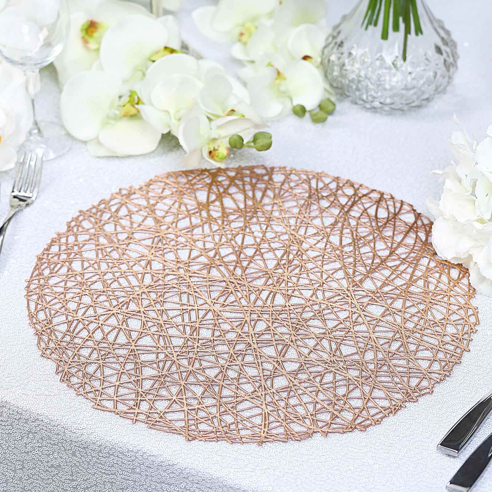 Hot Sale! 6-Piece Set of Durable Rose Gold Vinyl Round Dining Table Placemats with Woven Design