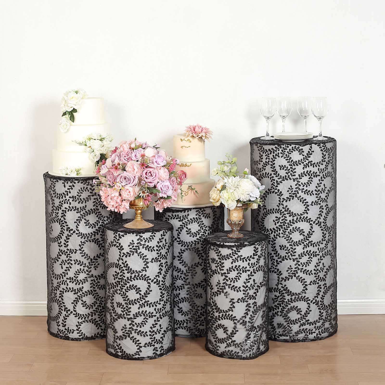 Set of 5 Sparkling Black Sequin Mesh Cylinder Pedestal Covers with Leaf Vine Design