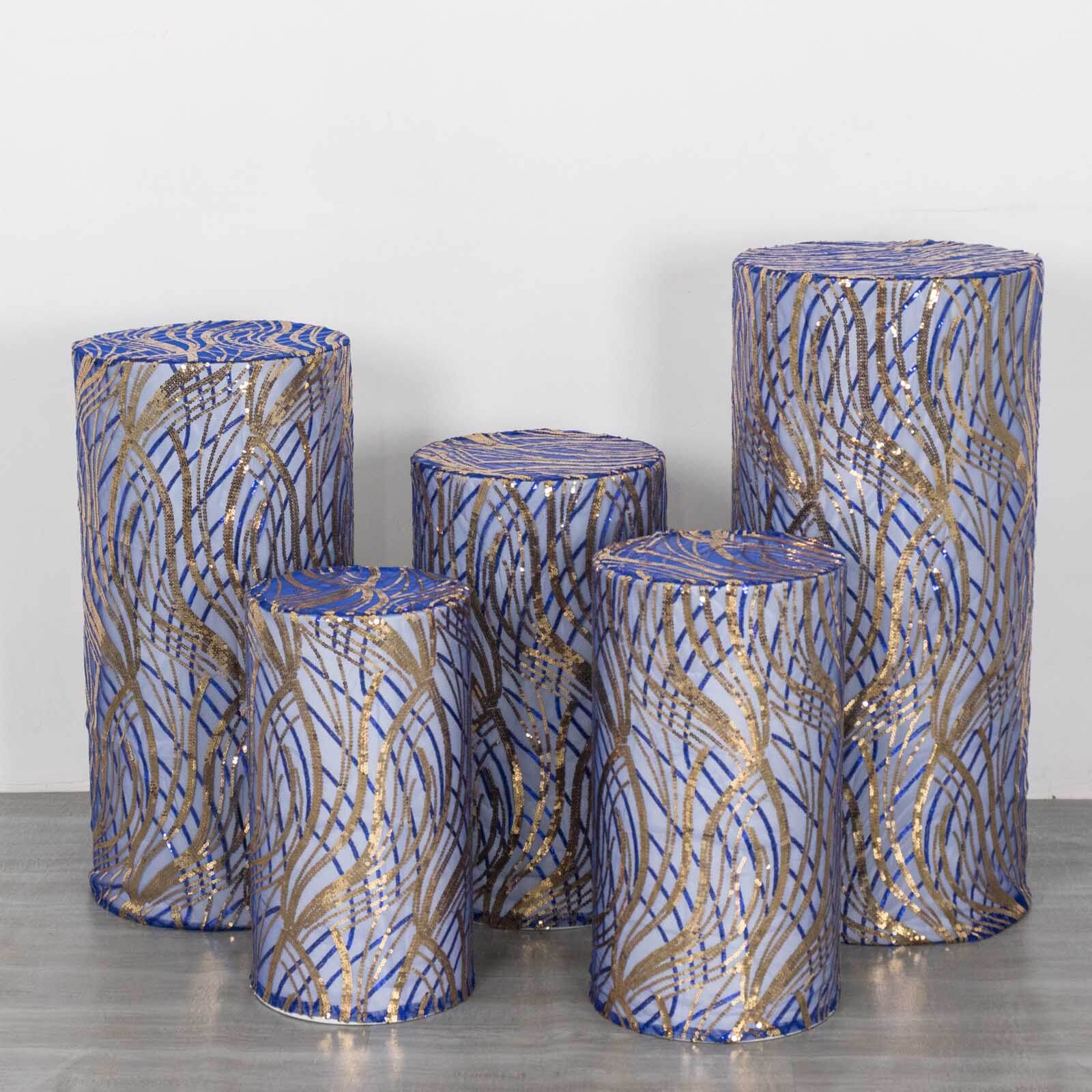 Hot Sale! Set of 5 Royal Blue Sequin Mesh Cylinder Pedestal Stand Covers with Wave Pattern
