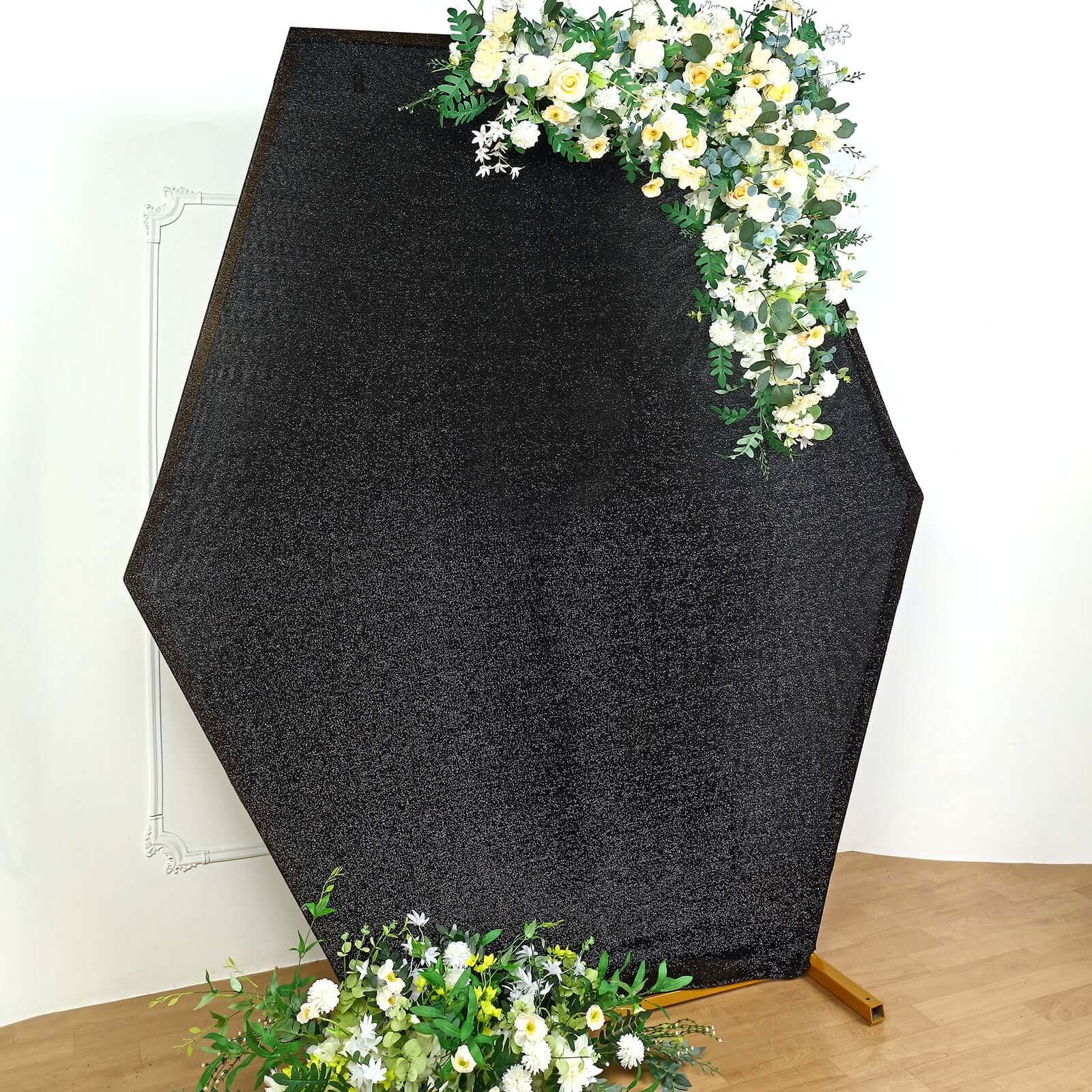 8ft x 7ft Double-Sided Black Metallic Shimmer Tinsel Spandex Hexagon Wedding Arbor Backdrop