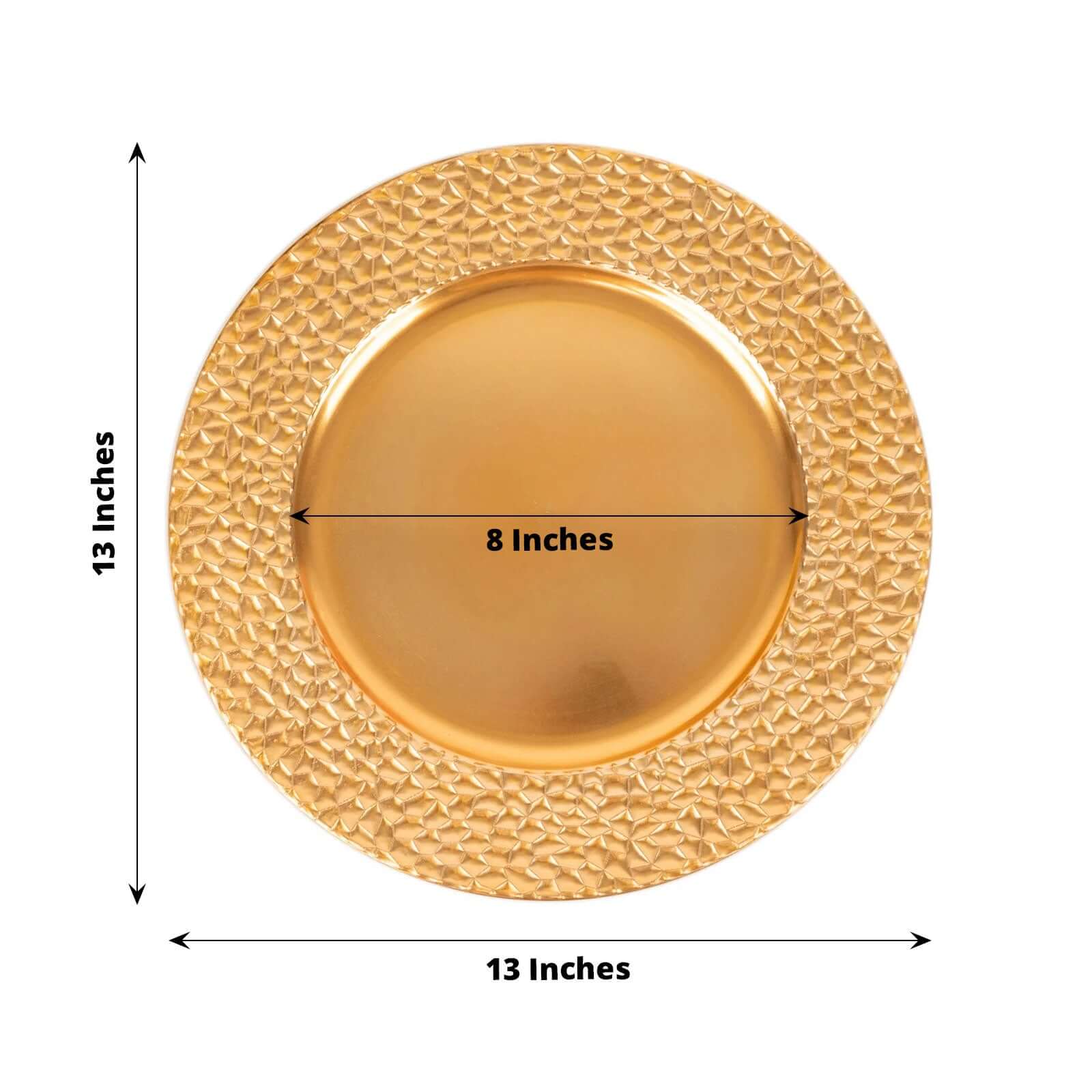 6-Piece Set of 13-Inch Metallic Gold Acrylic Round Charger Plates with Hammered Edge for Dinner Parties