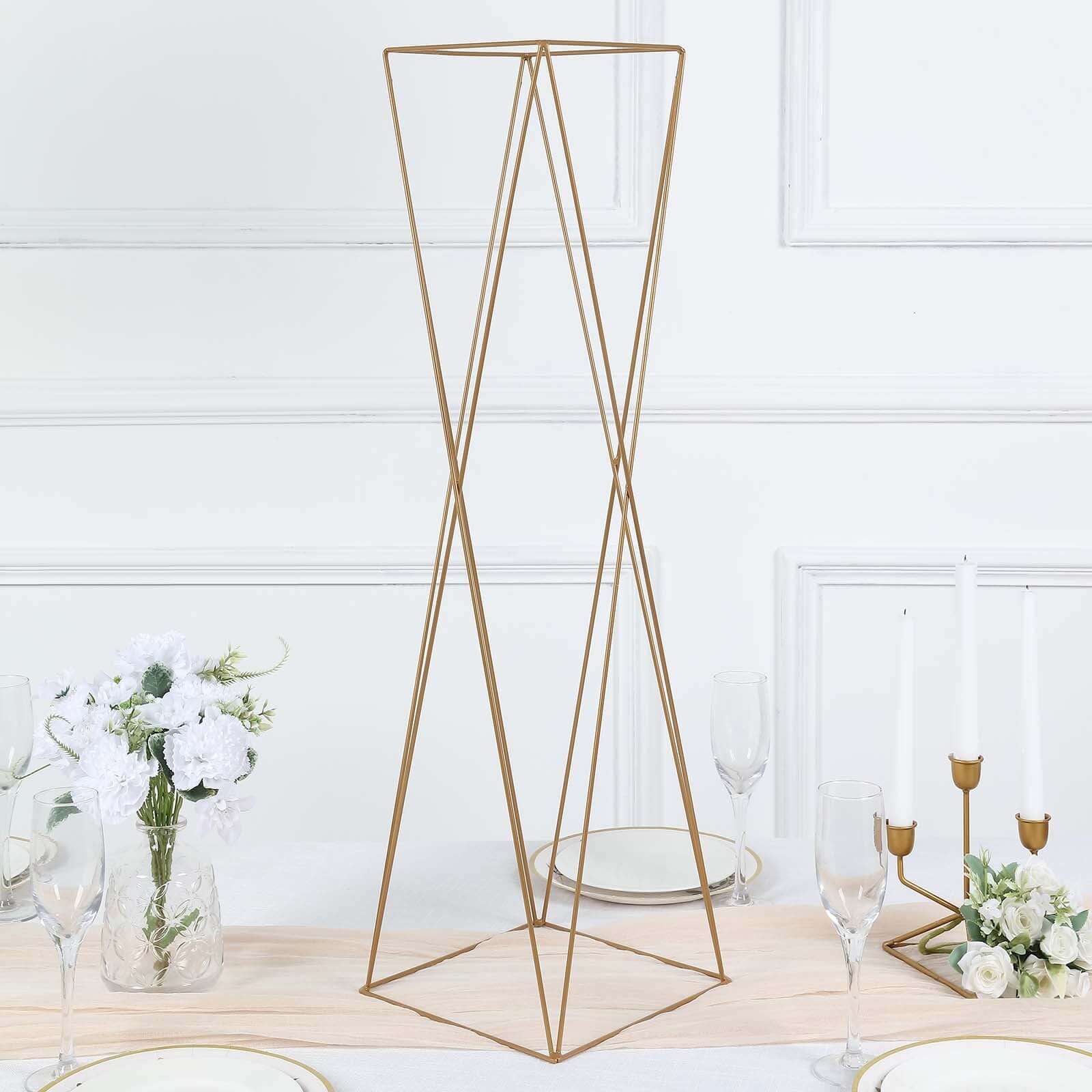 2-Pack Gold Metal Geometric Crisscross Open Column Pedestal Stands for Wedding Centerpieces, 32 Inches