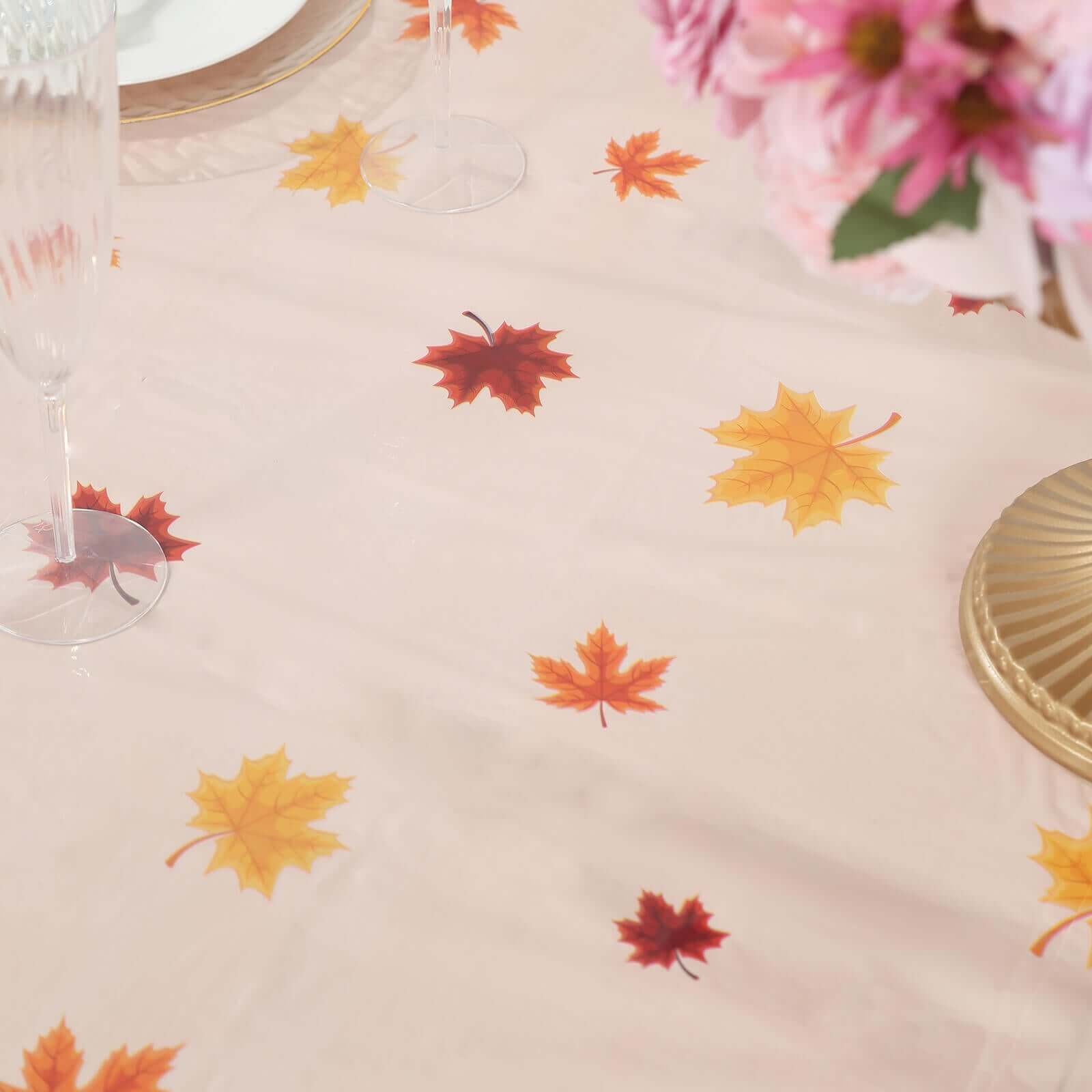 5-Pack Orange Thanksgiving Plastic Rectangle Tablecloths with Fall Leaves & Pumpkin Print - Festive PVC Disposable Covers