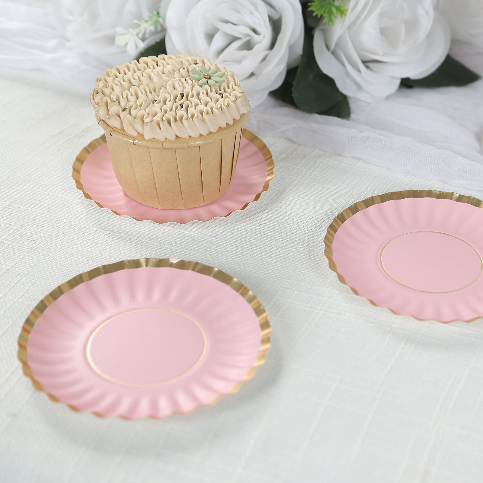 Hot Deal! 50-Pack Disposable Mini Round Blush Party Plates with Gold Scalloped Rim for Desserts