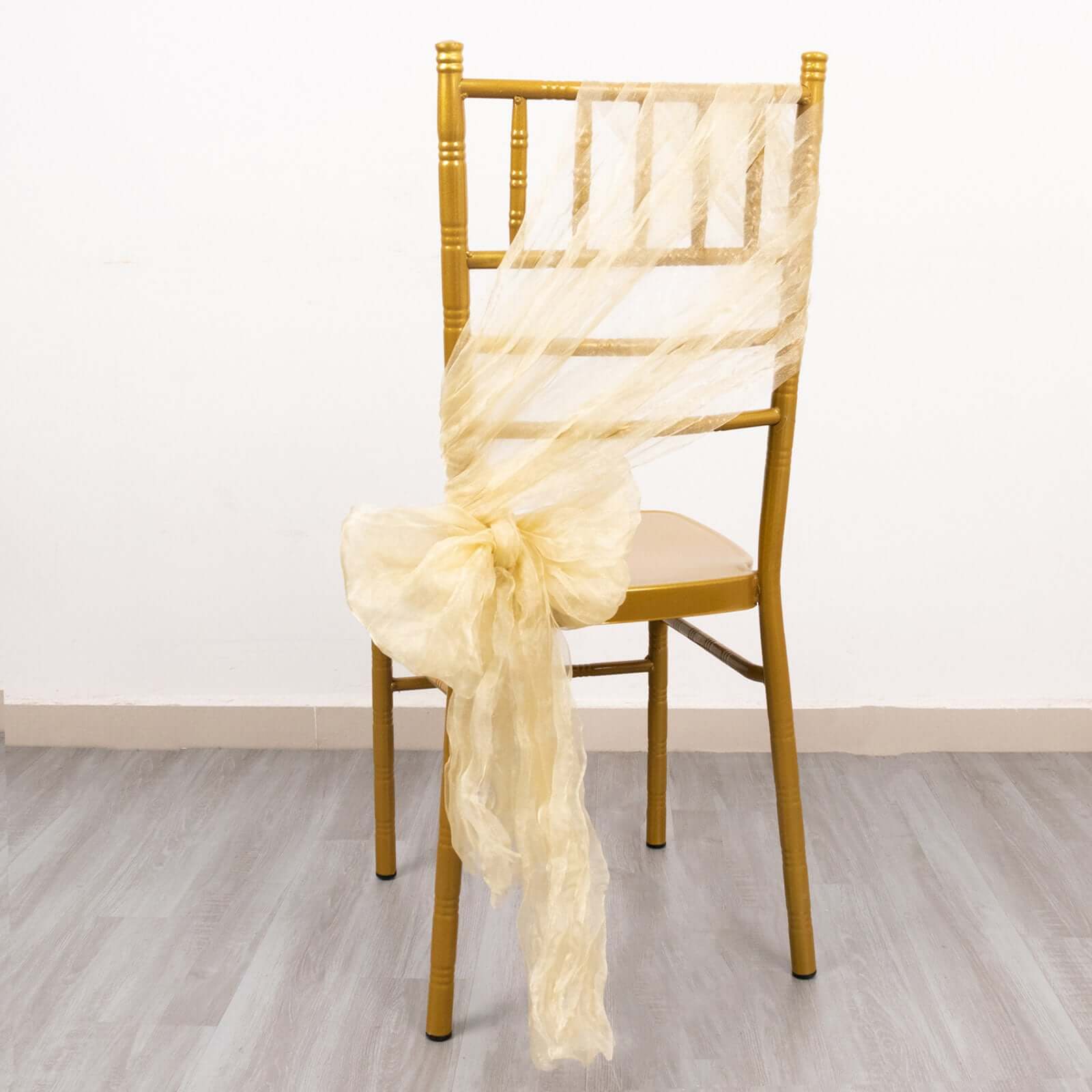5-Pack Champagne Crinkled Organza Chair Sashes with Shimmer Chiffon Layers - Elegant Sheer Decor