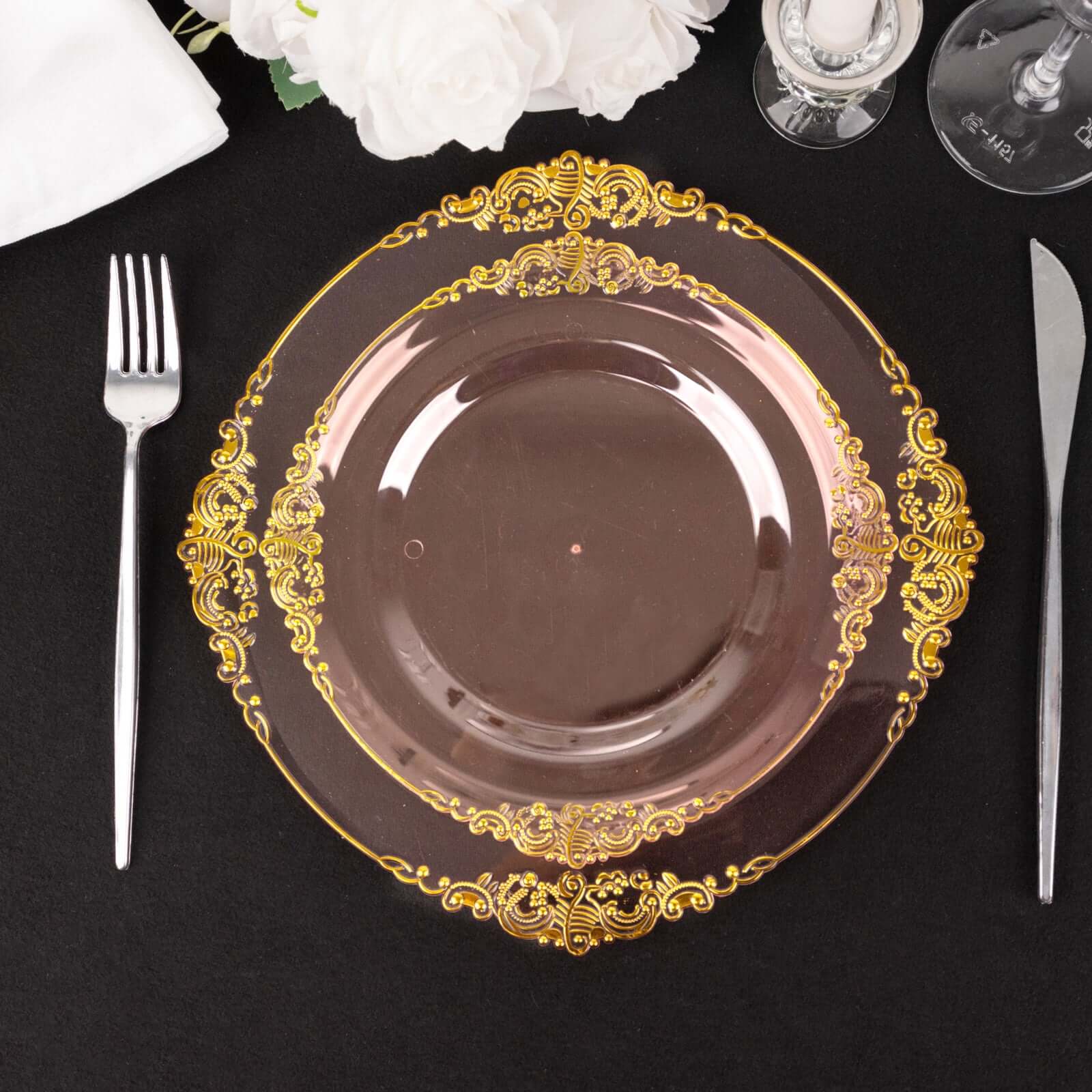 10-Pack Disposable 8" Transparent Blush Plastic Dessert Plates with Gold Leaf Embossed Rim - Vintage Baroque Style