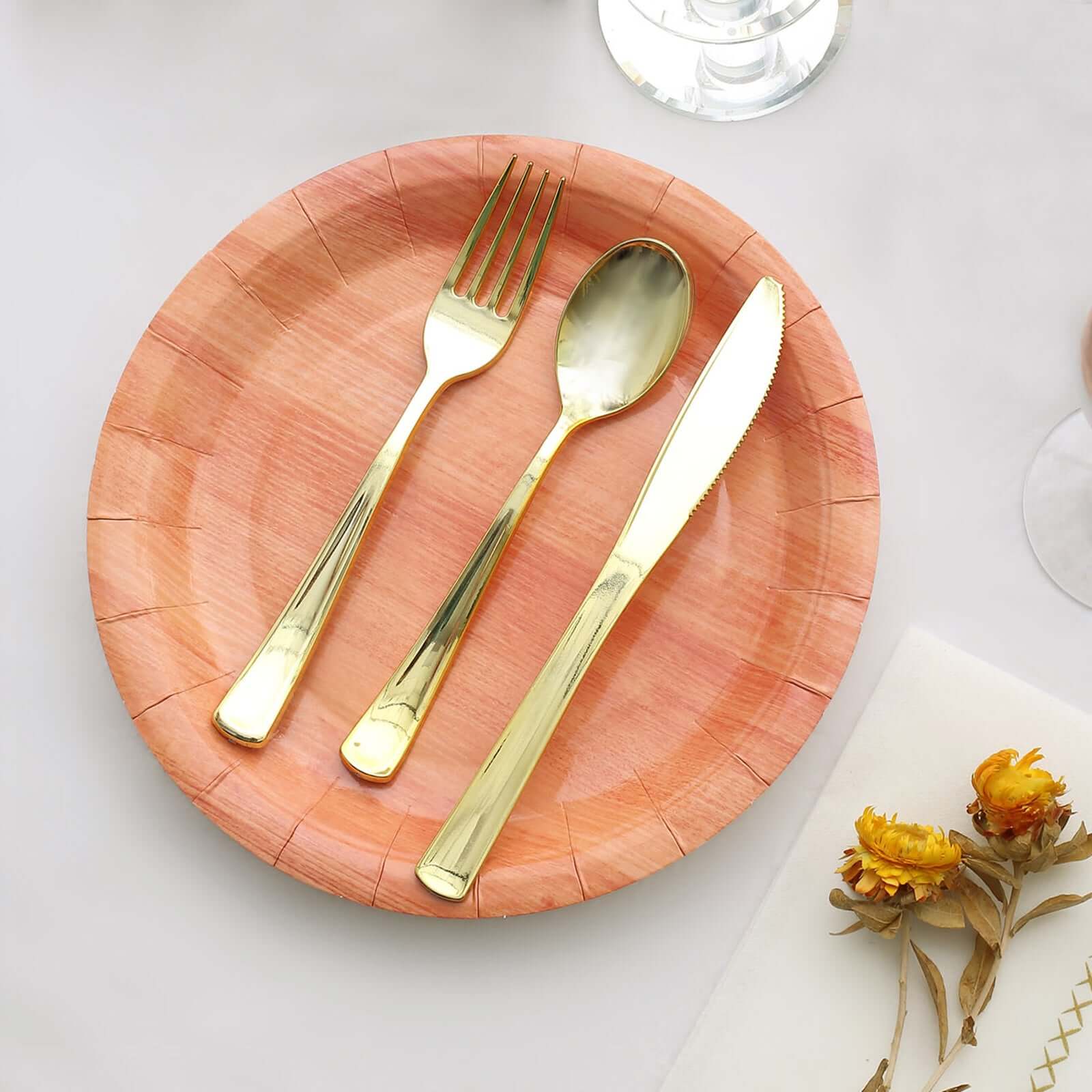 25-Pack Disposable 10-Inch Round Paper Dinner Plates with Natural Wood Grain Print
