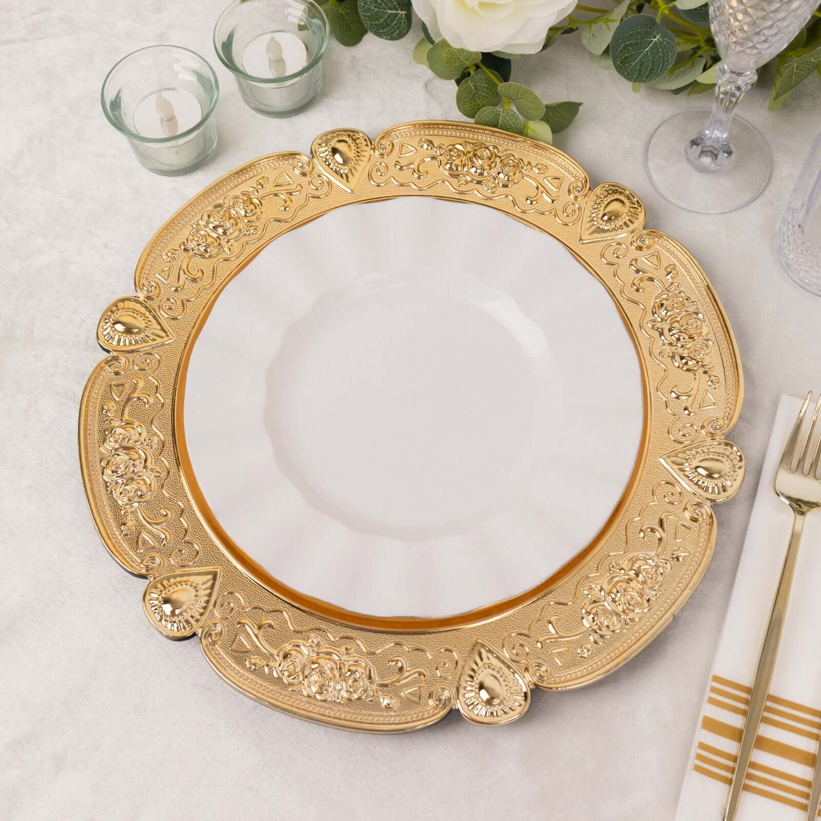 Hot Sale! 6-Pack 13-inch Gold Floral Embossed Acrylic Charger Plates with Scalloped Rim