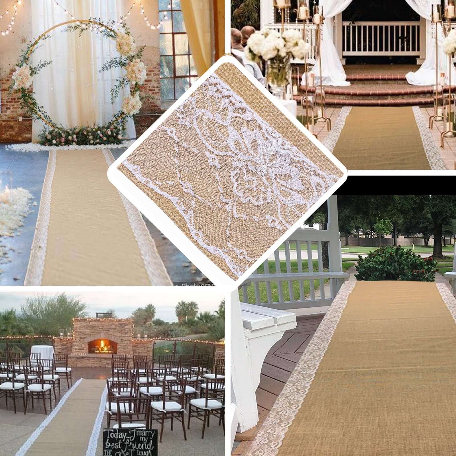 Get This Stunning 30ft Natural Jute Burlap Aisle Runner with Elegant White Floral Lace Borders