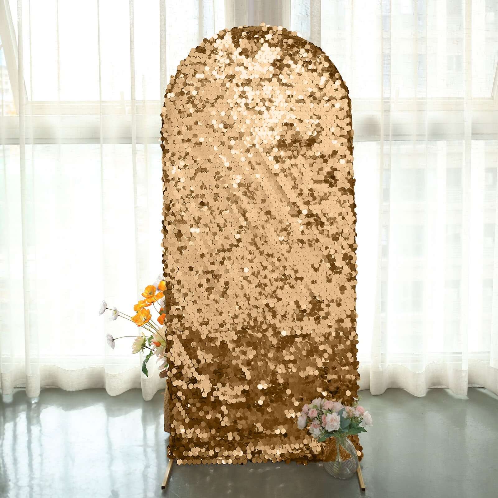 5ft Sparkly Gold Double-Sided Sequin Cover for Fitted Round Top Wedding Arch - Ideal for Events