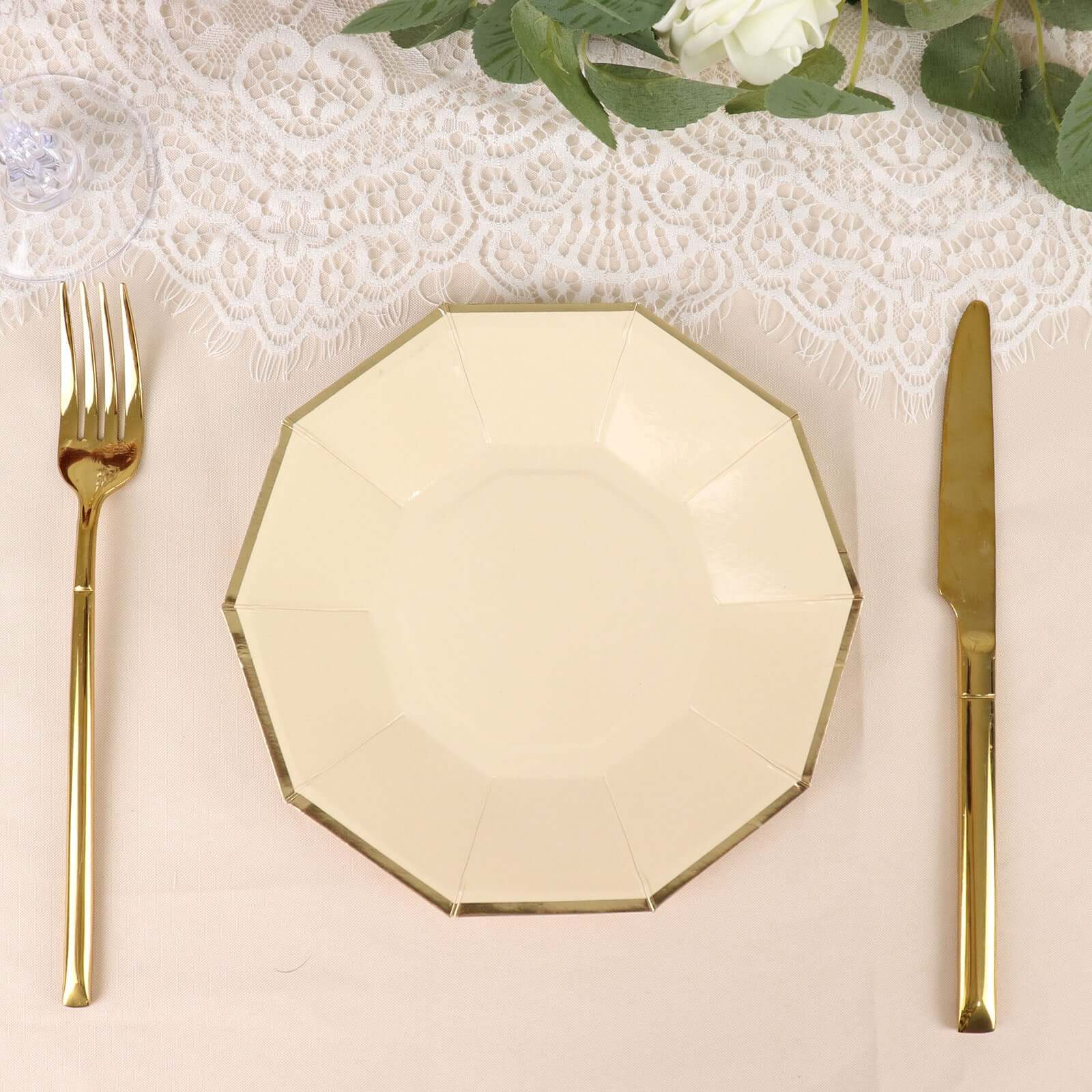 Get 25-Pack of 7-Inch Beige Paper Appetizer Plates with Stylish Gold Foil Rim