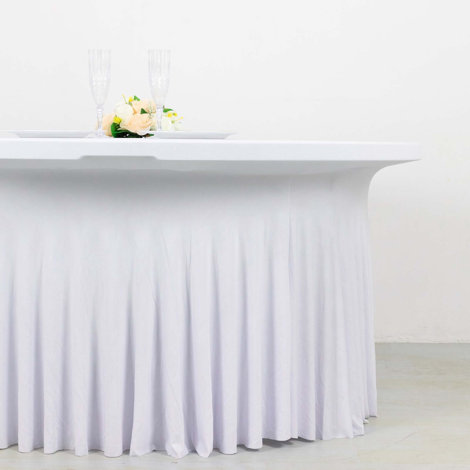 Stylish White Spandex 5ft Round Table Skirt with Wavy Effect for Events