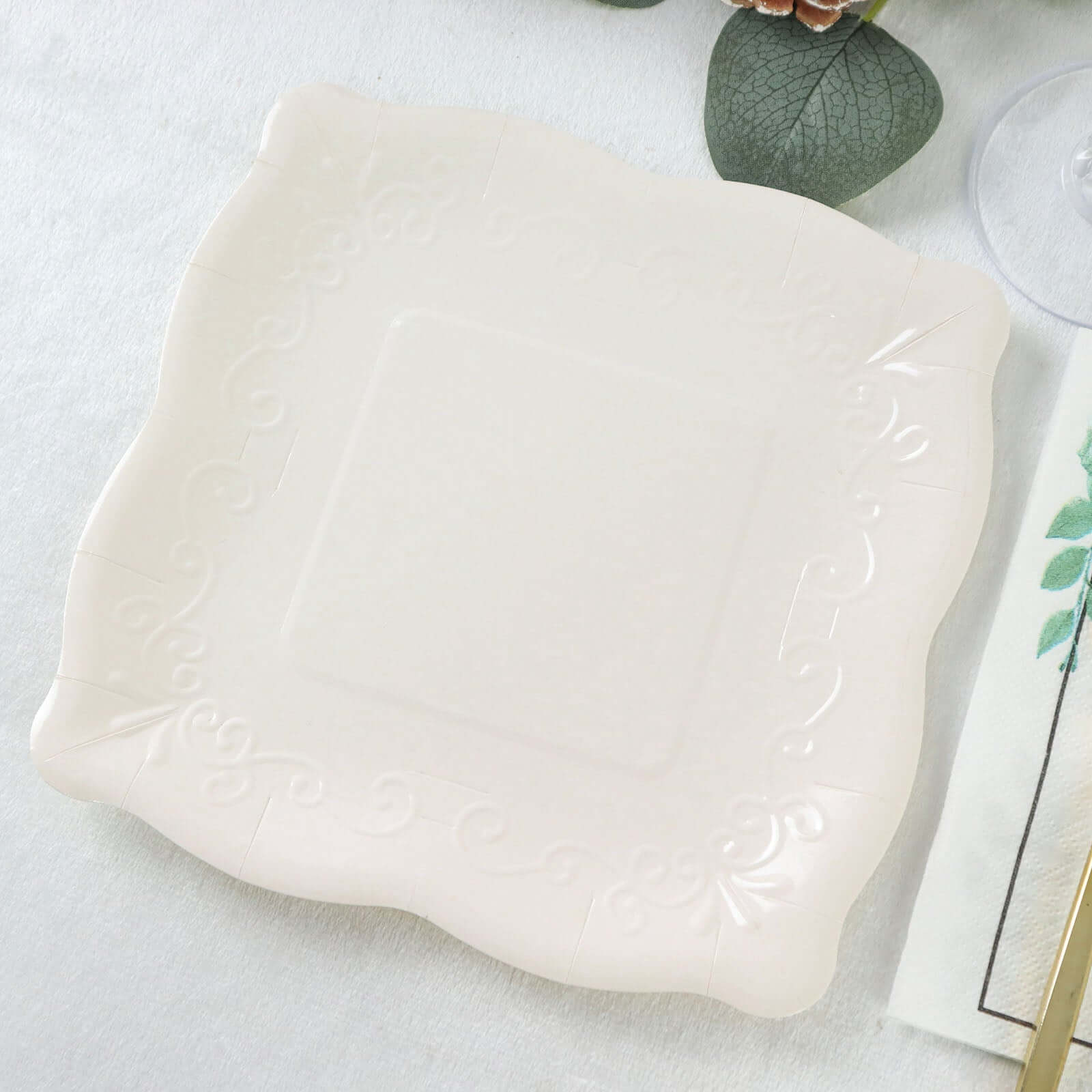 25-Pack White Square 7-Inch Disposable Dessert Plates with Vintage Pottery Embossed Design - Ideal for Special Events