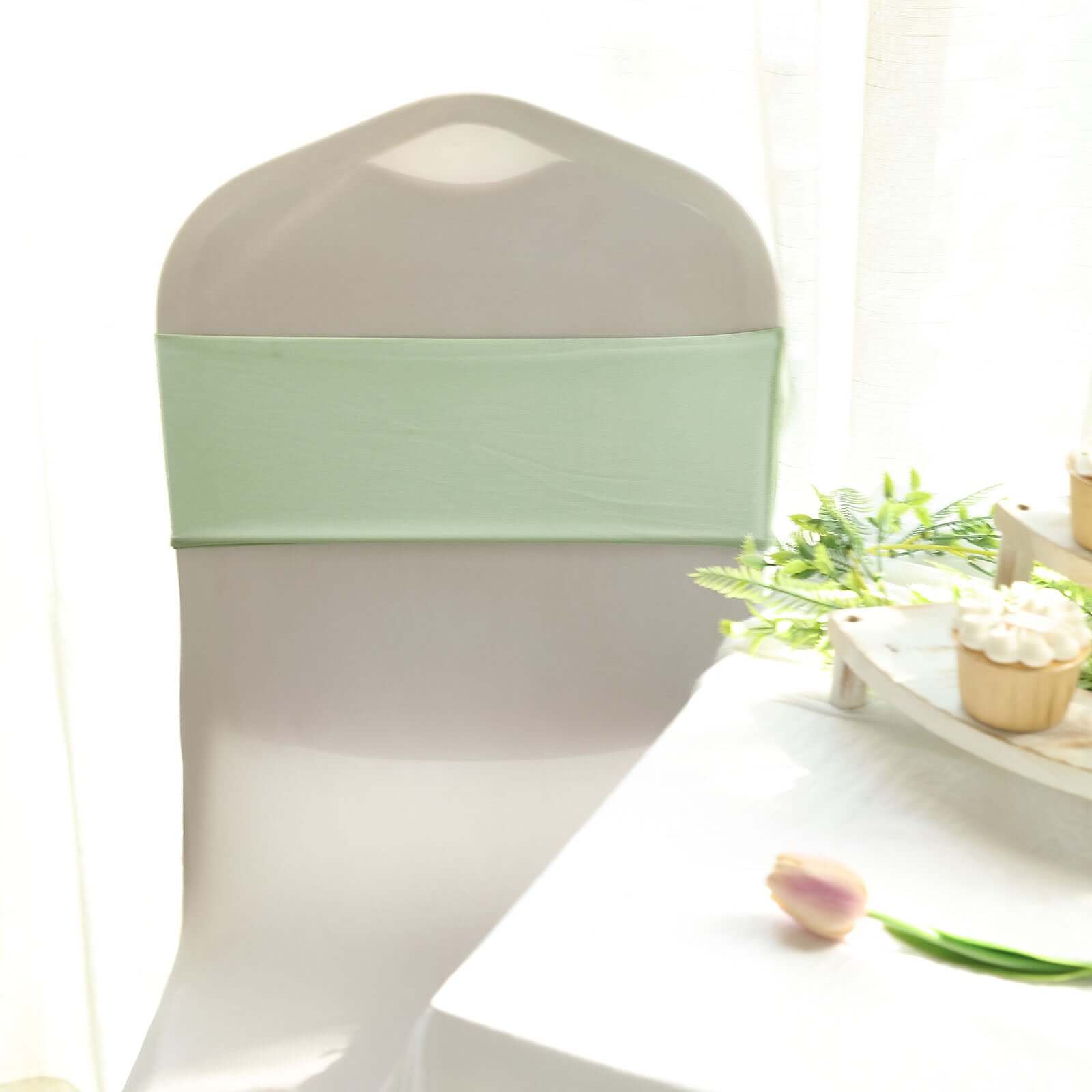 5-Pack Stretchable Spandex Chair Sashes in Sage Green - Ideal for Weddings and Events