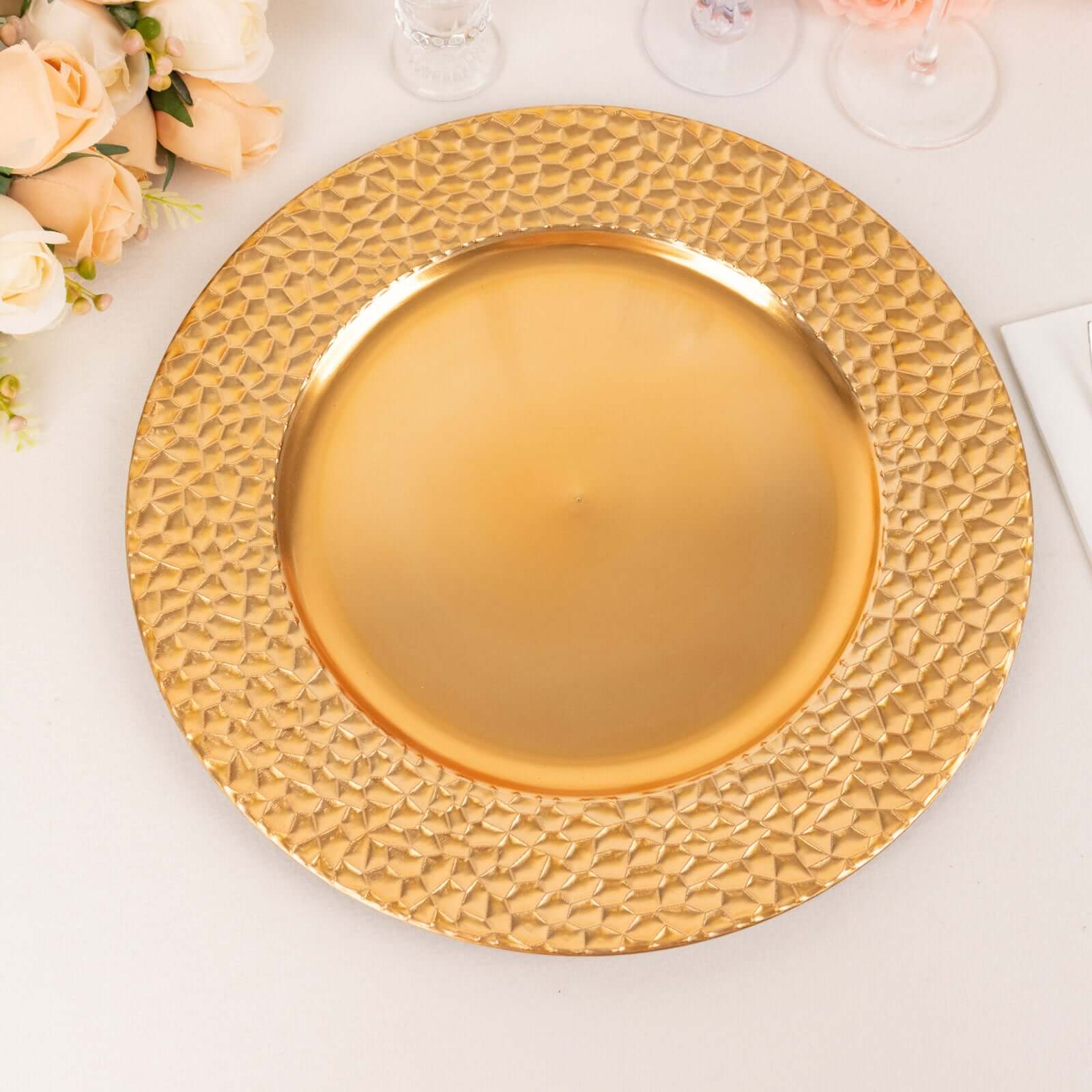 6-Piece Set of 13-Inch Metallic Gold Acrylic Round Charger Plates with Hammered Edge for Dinner Parties